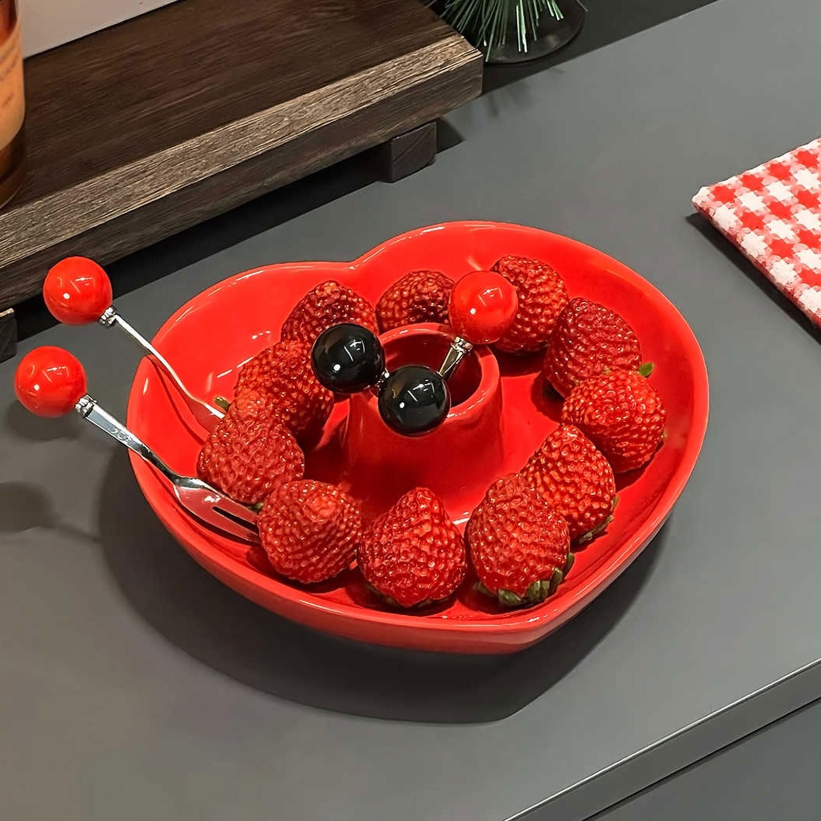 Fourchette à Fruits en Acier Inoxydable avec Bol à Fruits en Forme de Coeur, fourchettes à Dessert et à Salade réutilisables et créatives pour Thé de L'après midi Fête