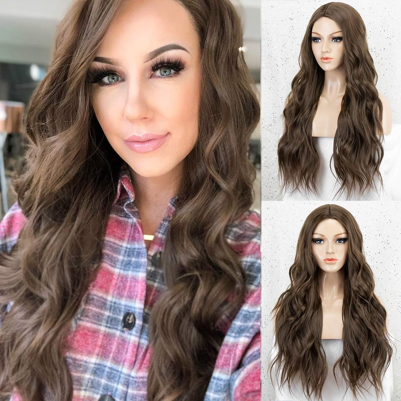 K'ryssma Wigs Brown Long Wavy Synthetic Wig for Women Full Machine Made None Lace Front Wigs with Middle Parting 22 inches