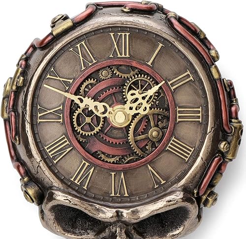 Miniatura 5 de Veronese Design Reloj de pared colgante de calibre mecánico de calavera plana Steampunk de 8,1 pulgadas, escultura de pared con acabado de bronce