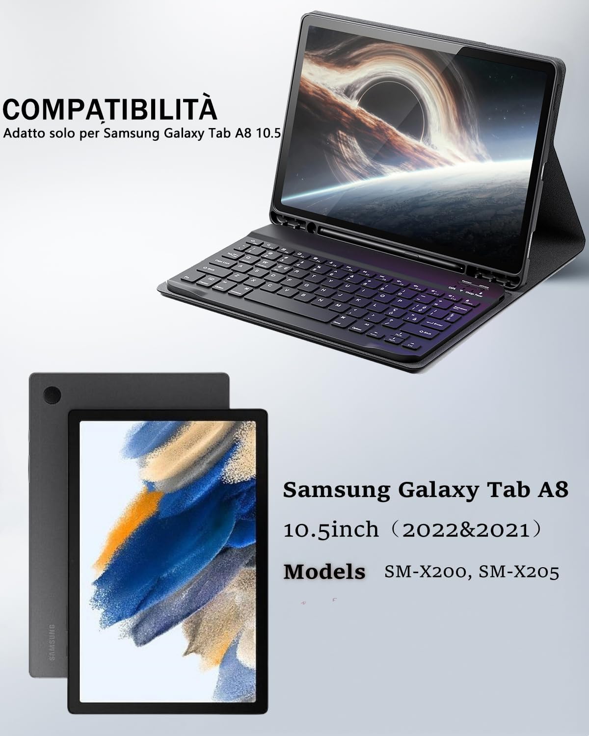 Cover Per Samsung Galaxy Tab A8 10.5 Pollici (2022) con Bluetooth Wireless Tastiera Ltaliano (QWERTY) Essere Caricata e Mouse Coperchio Protettivo con Scanalatura Portapenna Keyboard Case Nero