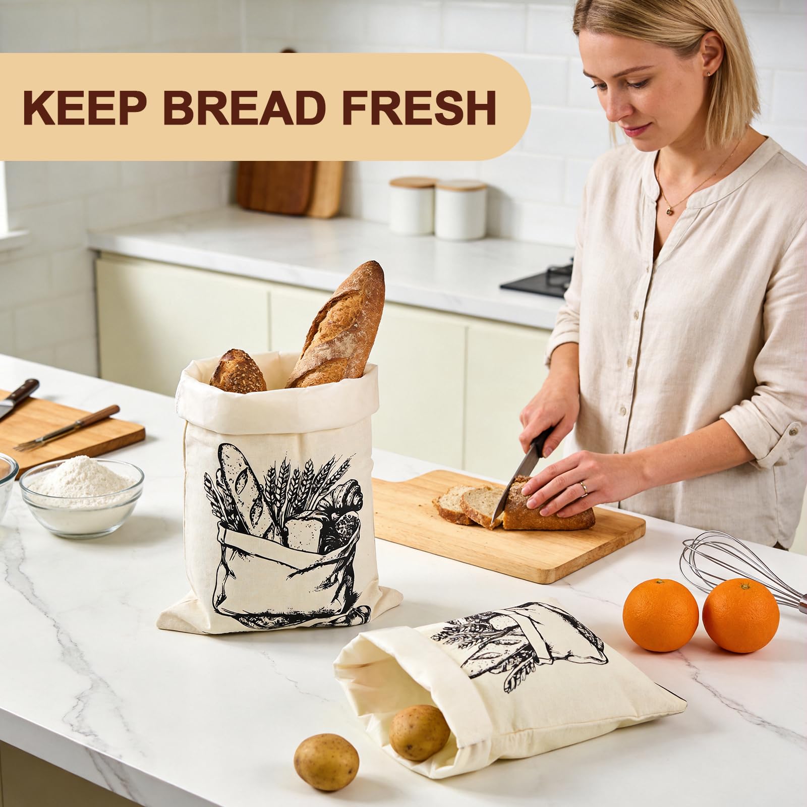 Lot de 2 Grands Sac a Pain Cire Abeille en Lin, 45x35 cm Sac à Pain Durable avec Doublure TPU pour Garder, Sacs a Pain Tissu avec Cordon de Serrage Stockage Alimentaire et Transport