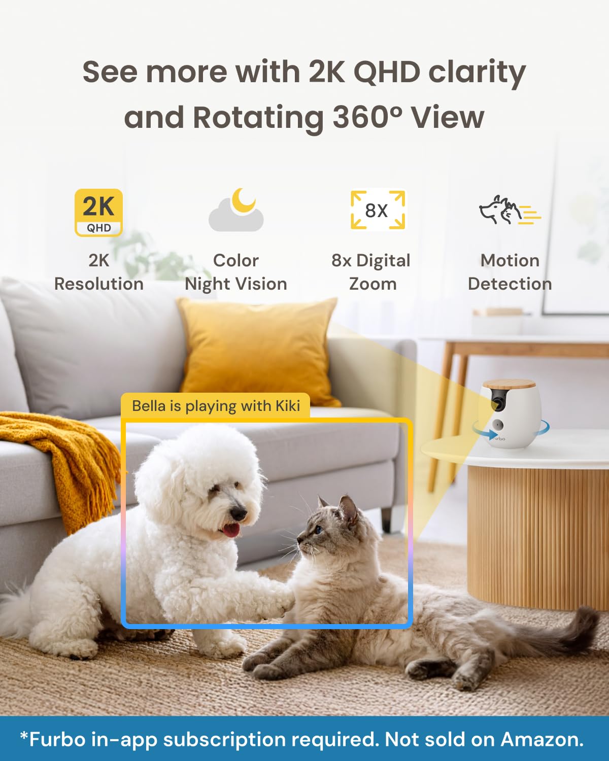 Furbo Mini 360° [New] 2K QHD Pet Camera - Unlock Smart Camera & Smart Features w/Paid Plan: Dog & Cat Safety Alerts, Rotating Treat Dispenser w/Speaker (Subscription Required, Low Risk 3mo Minimum)