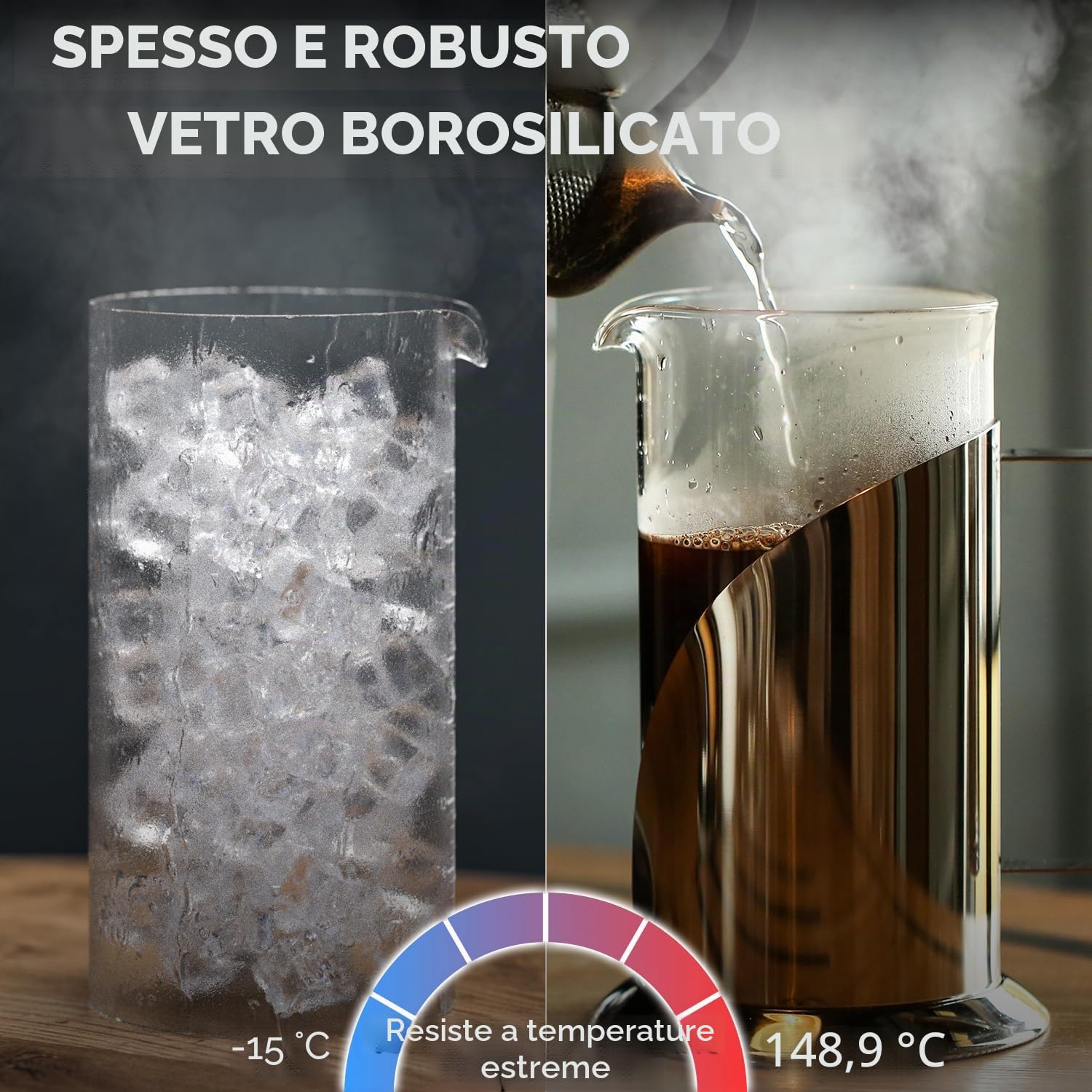 Cafe Du Chateau Caffettiera French Press in Acciaio Inox – Caffettiera Francese da 1 Litro con Filtro a 4 Livelli, in Vetro Resistente, Senza BPA – Ideale anche per Tè e Infusi