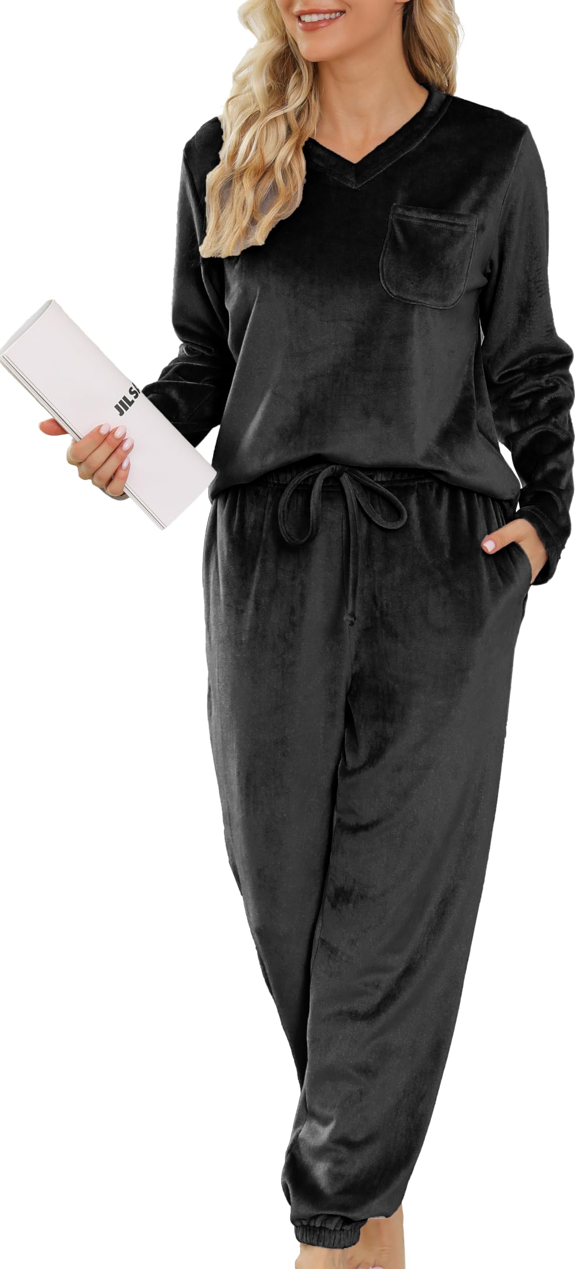 Vlazom Pyjama Femme Hiver Polaire Ensembles de Pyjama Vêtements de Nuit | Flanelle Douce et Chaude, Poche Poitrine Pratique, Col V Élégant, Disponible en Plusieurs Couleurs Unies