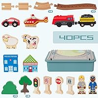 Vista 2 de Conjunto de Tren de Madera para Niños Pequeños, 40 Piezas con Vías de Madera, Compatible con Thomas, Brio, Chuggington, Melissa y Doug - Tren