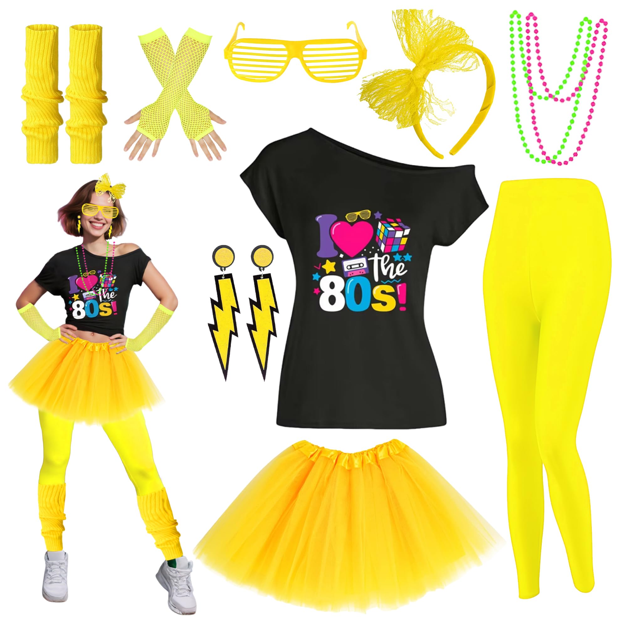 80s Outfit Women Costume Accessories Set T Shirt Shorts Tutu Skirt Neno Party Leg Warmers Headband