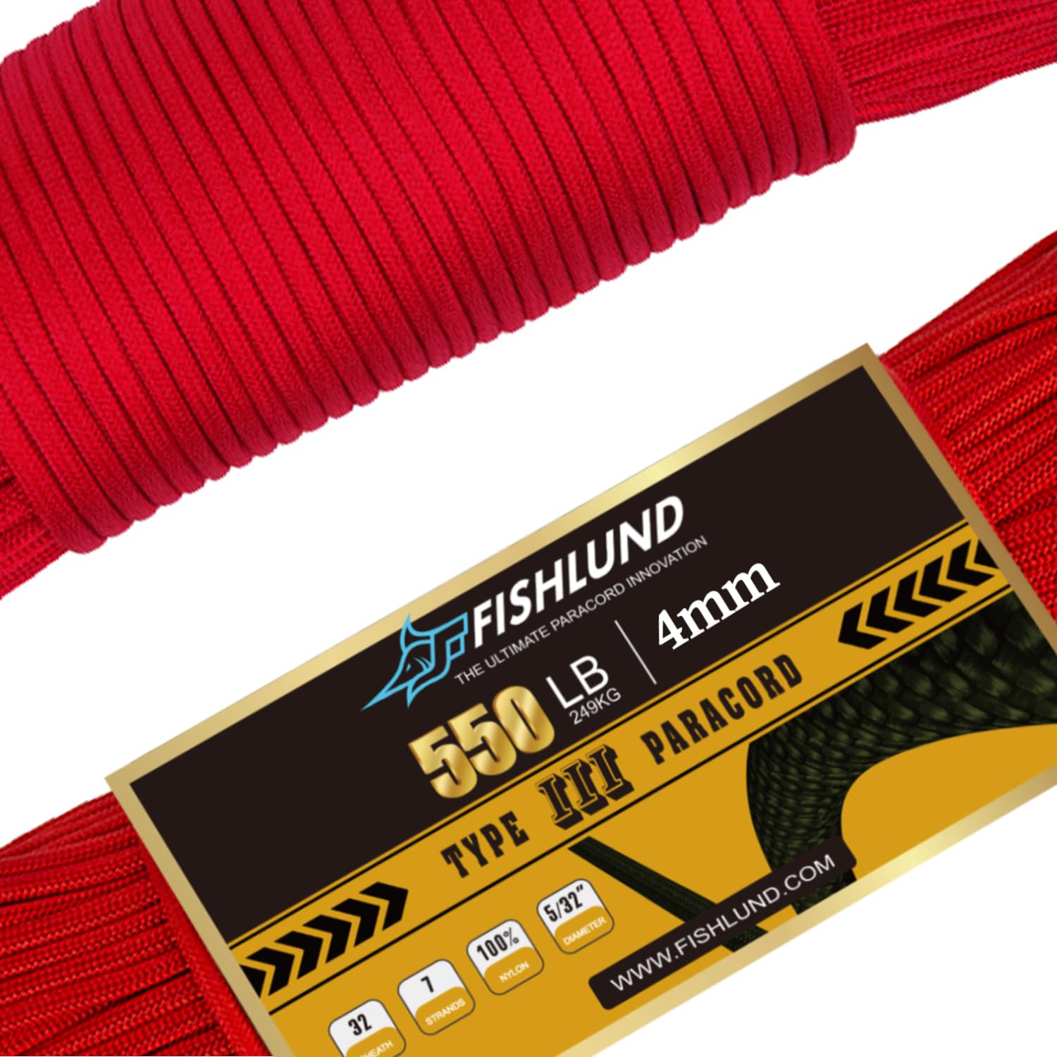 FISHLUND Paracord 550 lb, 7 Strand Paracord Rope 250ft 4mm, Nylon Parachute Cord for Camping, Imperial Red