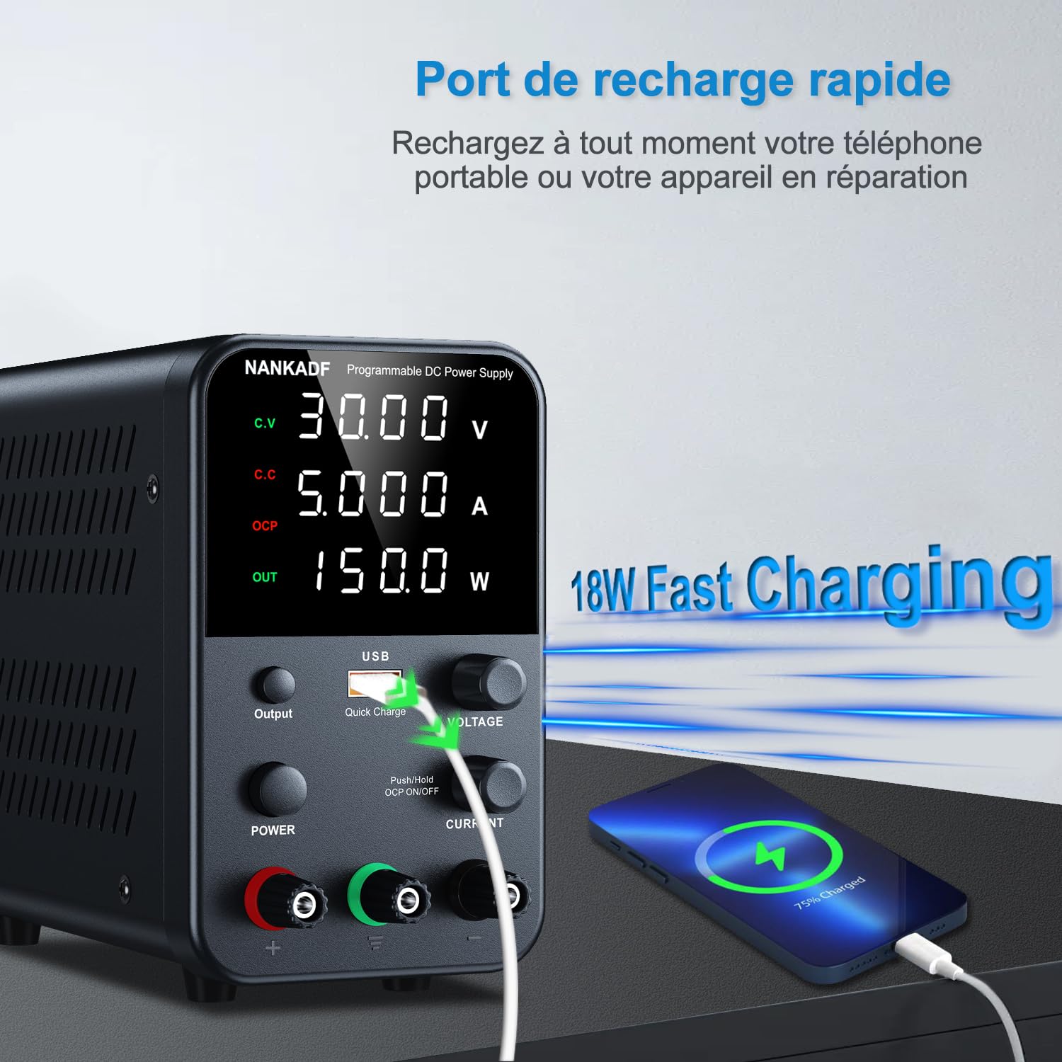 Alimentation DC (0-30 V, 0-5 A) réglable, alimenation à découpage, Alimentation de Banc de Laboratoire Variable, Bouton de Sortie Marche/arrêt/encodeur