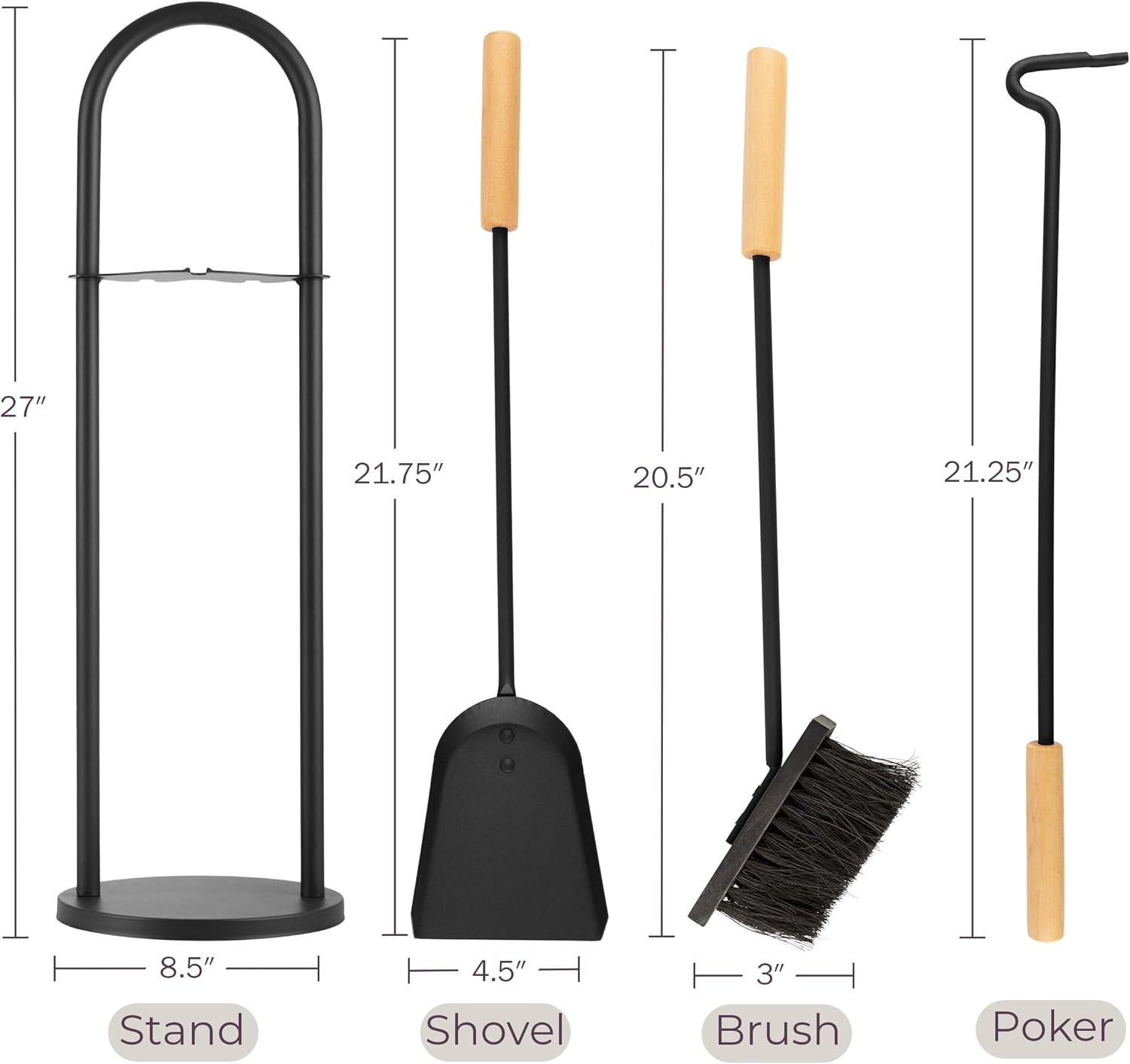 4 Piece Fireplace Tools Set Indoor Outdoor - Fireplace Accessories Set with Poker, Brush, Shovel, and Stand - Fire Tools for Fire Places, Firepits, and Woodstoves by Lavish Home (Black)