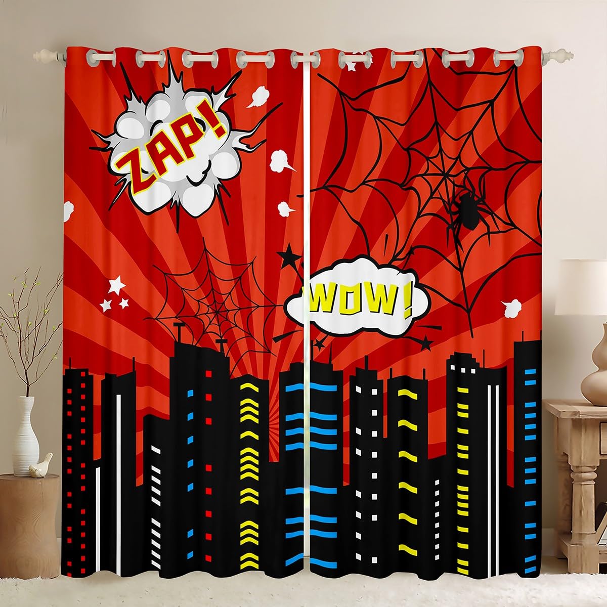 Manfei Hero Theme Kids Curtains,City Building Blackout Curtains for Boys Teens Men,Spider Web Red Black Living Room Bedroom Decor Window Treatment Drapes,Top 2 Panels,46Wx54L