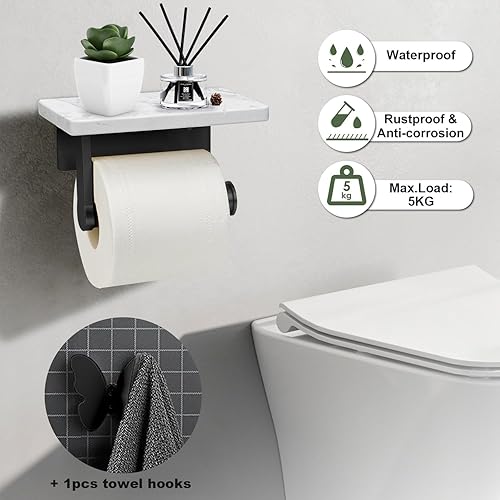 Miniatura 3 de LuDoDo Portarrollos de papel higiénico negro mate con estante de mármol, soporte para rollo de papel higiénico montado en la pared para baño y baño