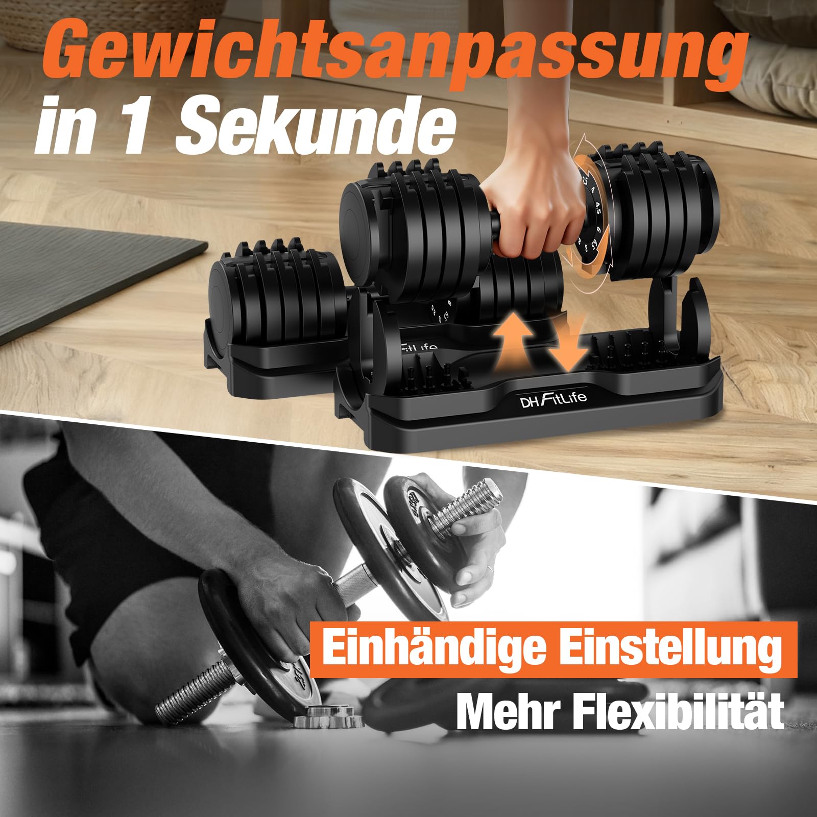 DH FitLife 12kg/25kg verstellbare Hanteln 2,5-12kg /4-25kg mit 10 Gewichtsstufen, Kurzhanteln Hanteln Set mit Hantelscheiben, Variable Gewichte 10 in 1