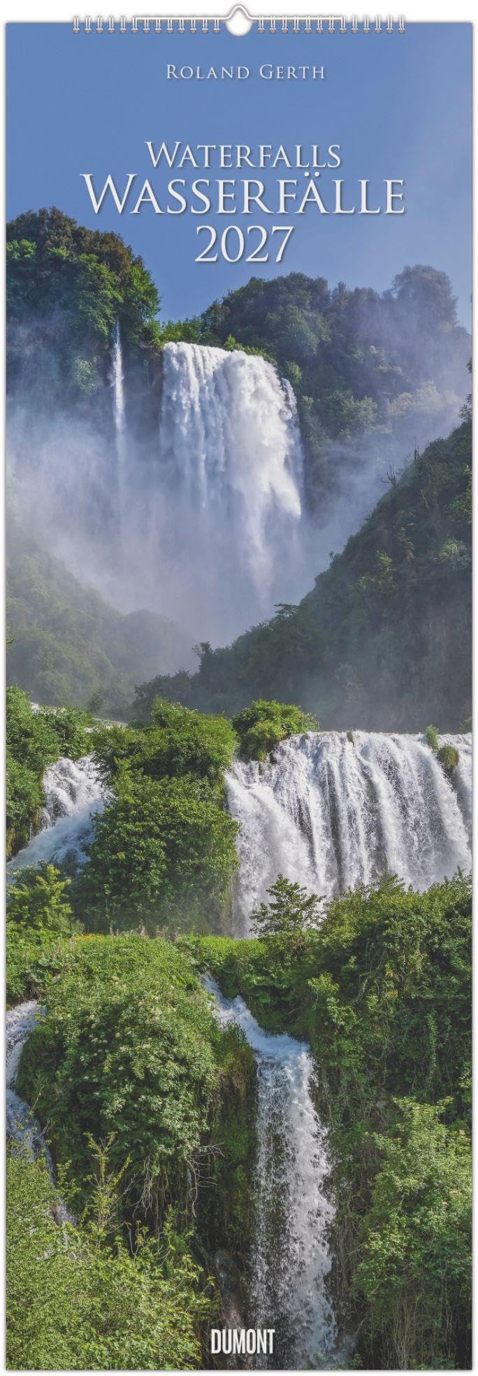Wasserfälle 2027: Wandkalender 34x98 cm mit 12 Wasserfallfotografien und sprachneutralem Kalendarium