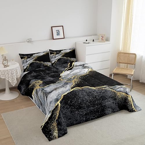 Miniatura 2 de Juego de edredón de lujo negro y gris, juego de ropa de cama con lentejuelas doradas y mármol, relleno de edredón con textura abstracta de mármol