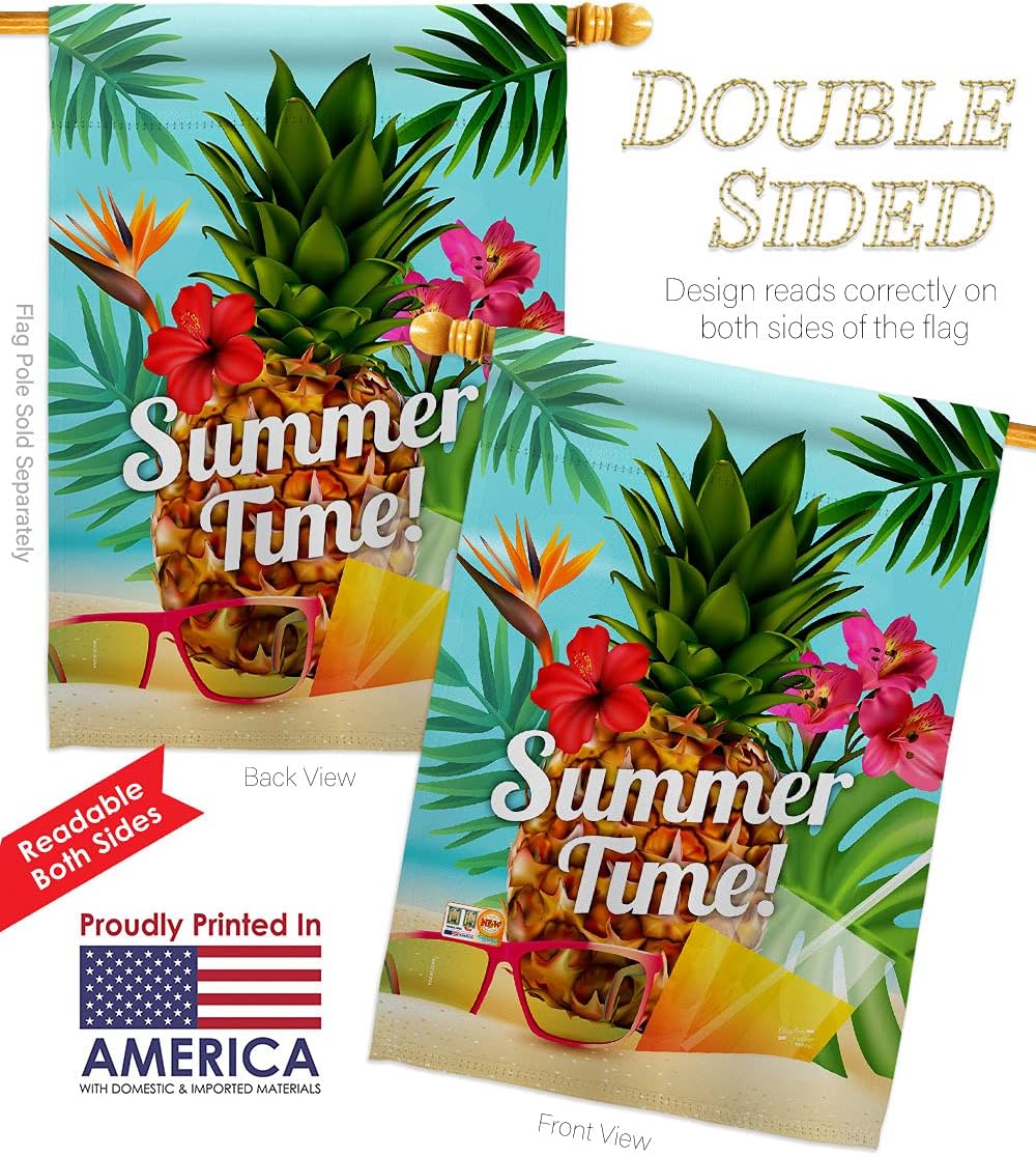 Summer Beach Time Garden House Flags Set Summertime Fun and Sun Pool Luau Tropical Party Season Outdoor Sunny Small Decorative Gift Yard Banner Double-Sided Made In USA 28 X 40