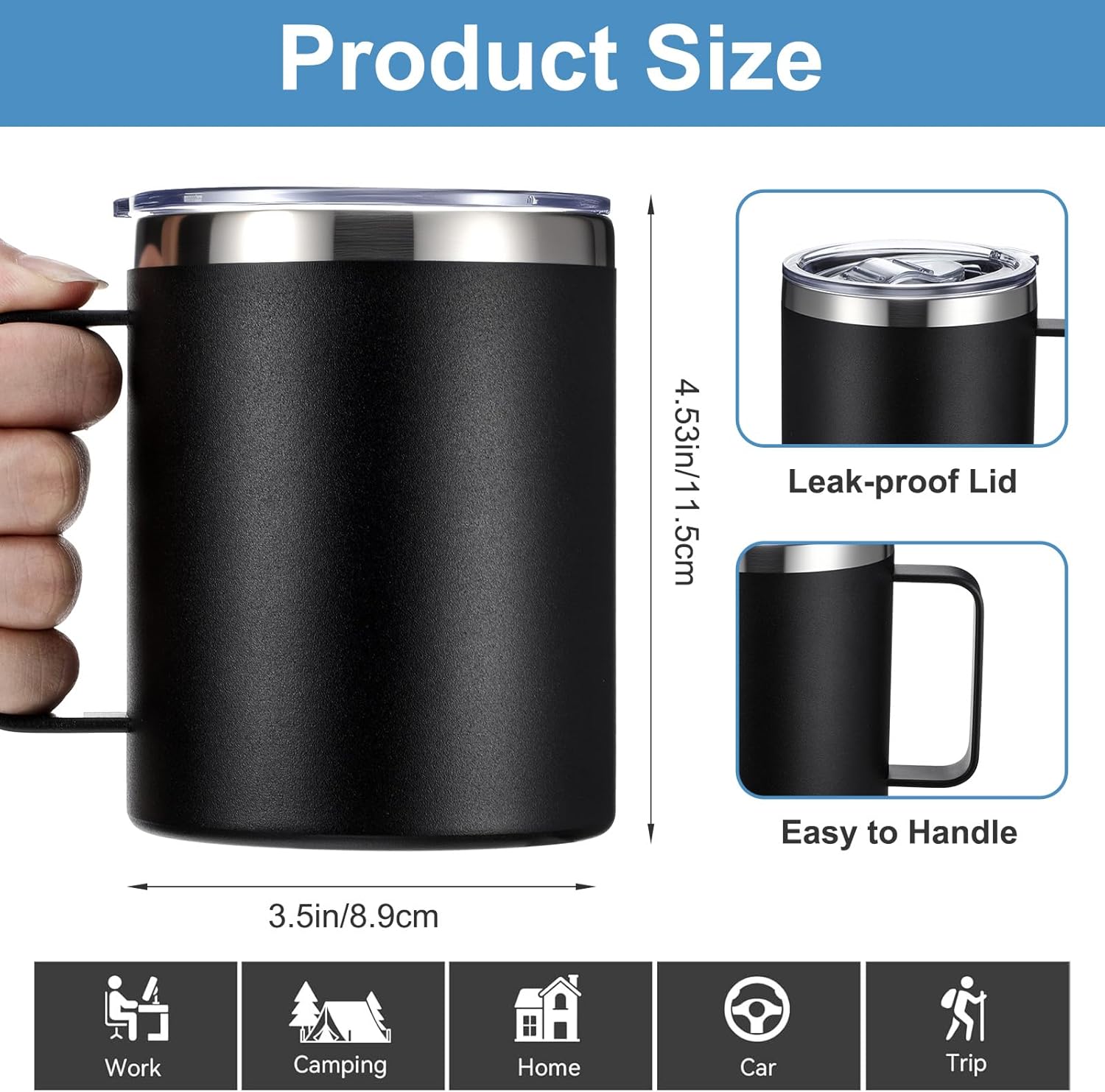 12 oz Insulated Coffee Mug Bulk with Handle, Stainless Steel Travel Coffee Mug with Lid, Double Wall Vacuum Metal Coffee Cup, Coffee Tumbler Powder Coated, Black 4 Pack - Image 2
