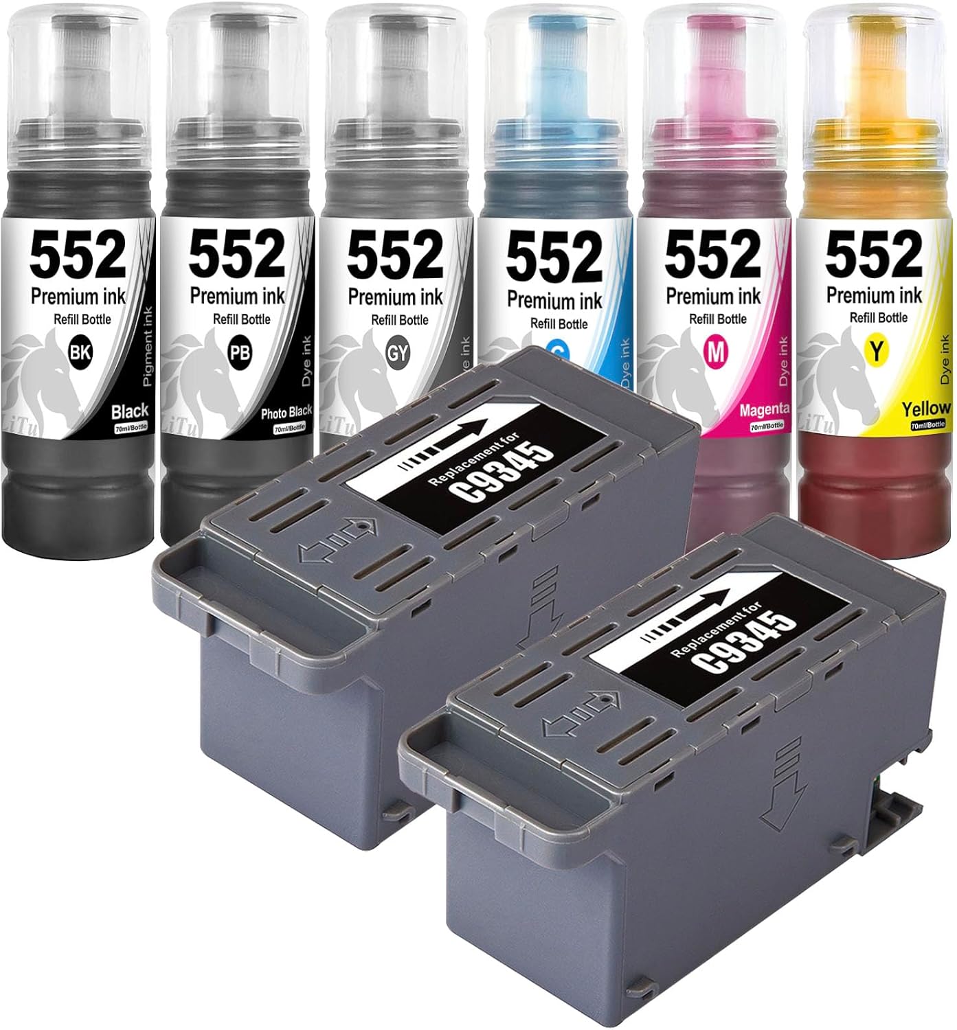 C9345 Ink Maintenance Box (2-Pack) and 552 Ink Refill Bottles (6-Pack) Replacement for ET-8500 ET-8550 Printer