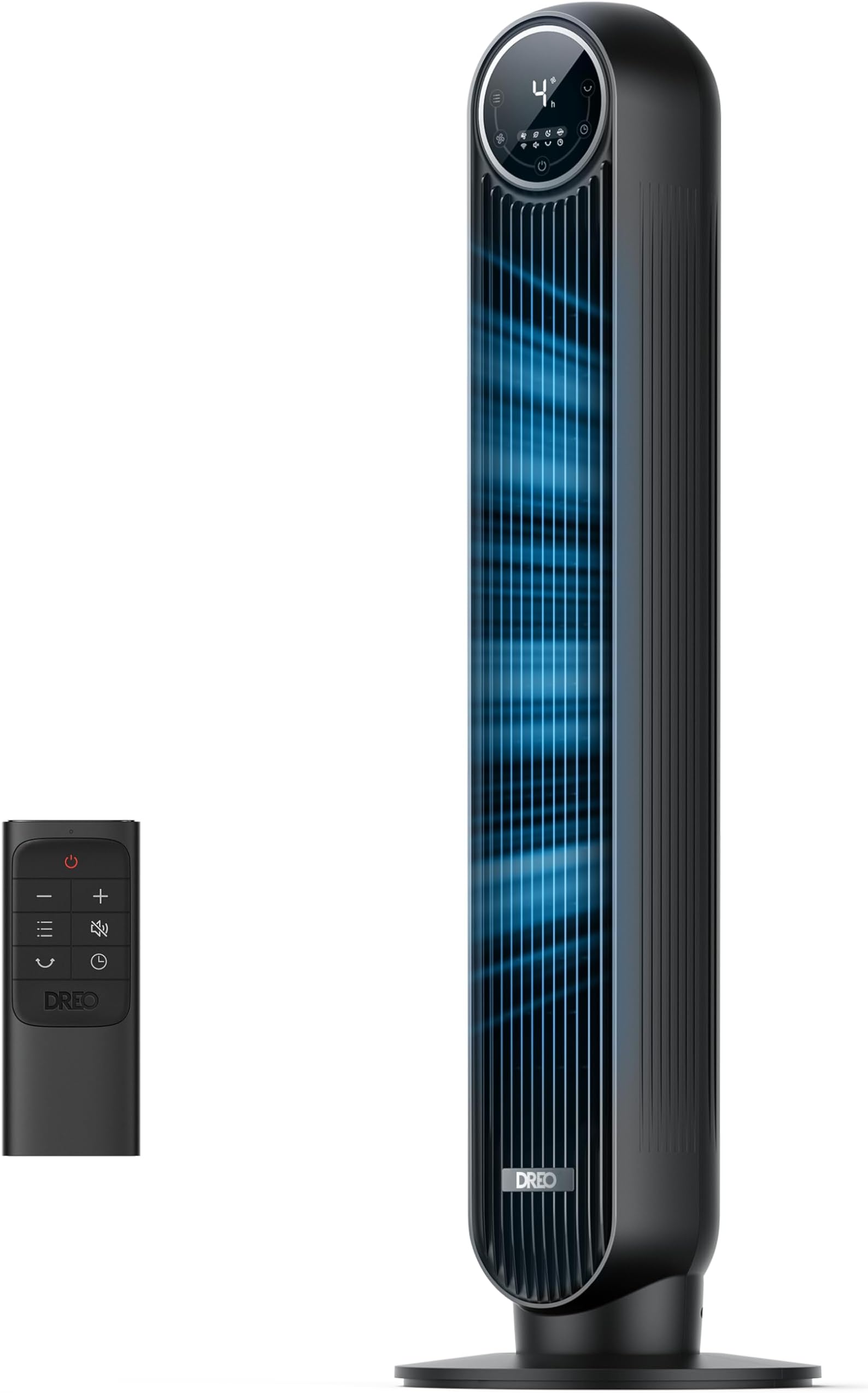 DREO Tower Fan, 28 dB Silent & Bladeless Safety Design, Compact, Slim Fan, 90° Oscillation, Powerful Fan, Up to 22.6 ft (7.6 m) / s, 4 Levels, Remote Control, 8 Hour Timer, Bladeless for Bedrooms, Nights, Heat Protection, Black