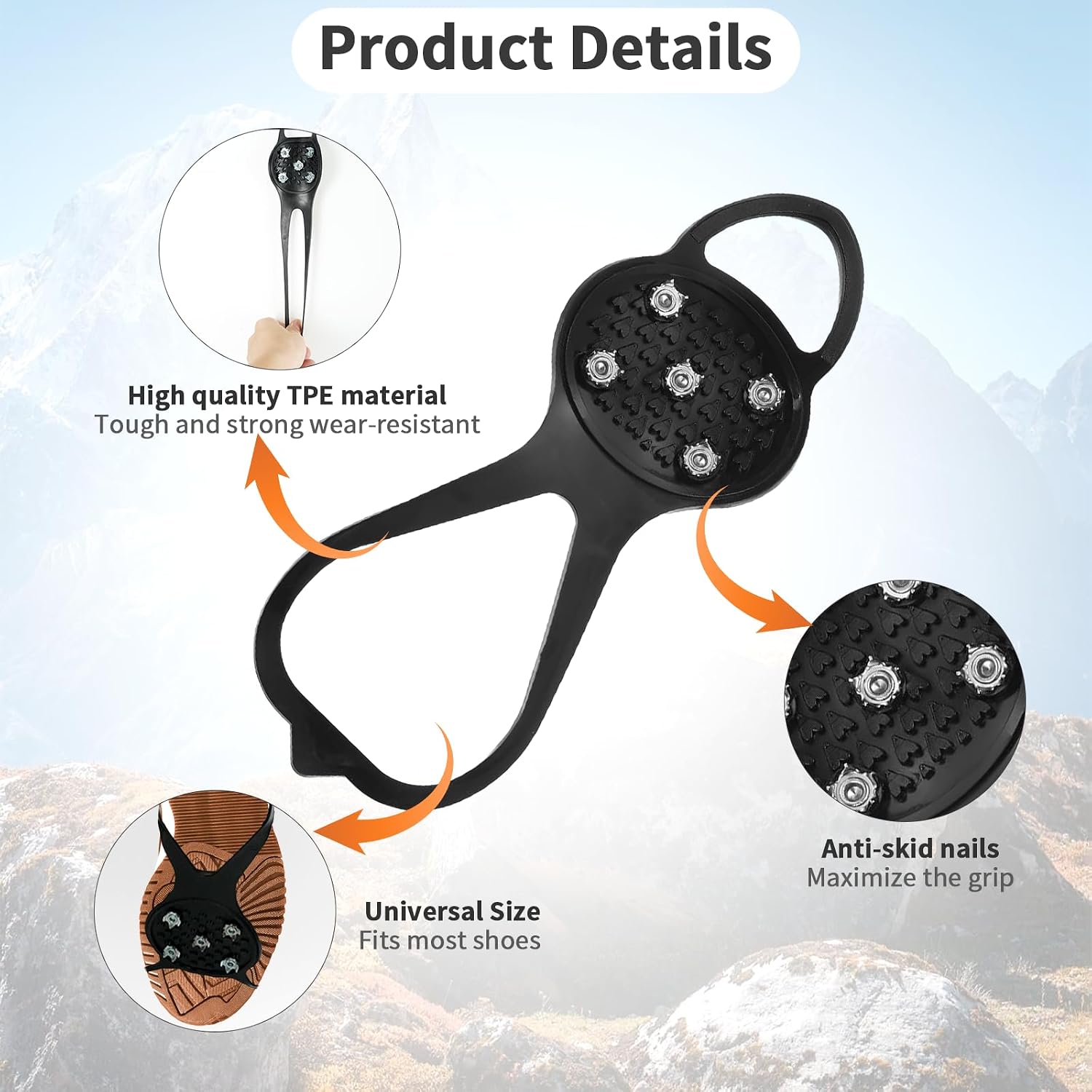 10 Pairs Universal Non-Slip Gripper Spikes, Snow Spikes for Hiking