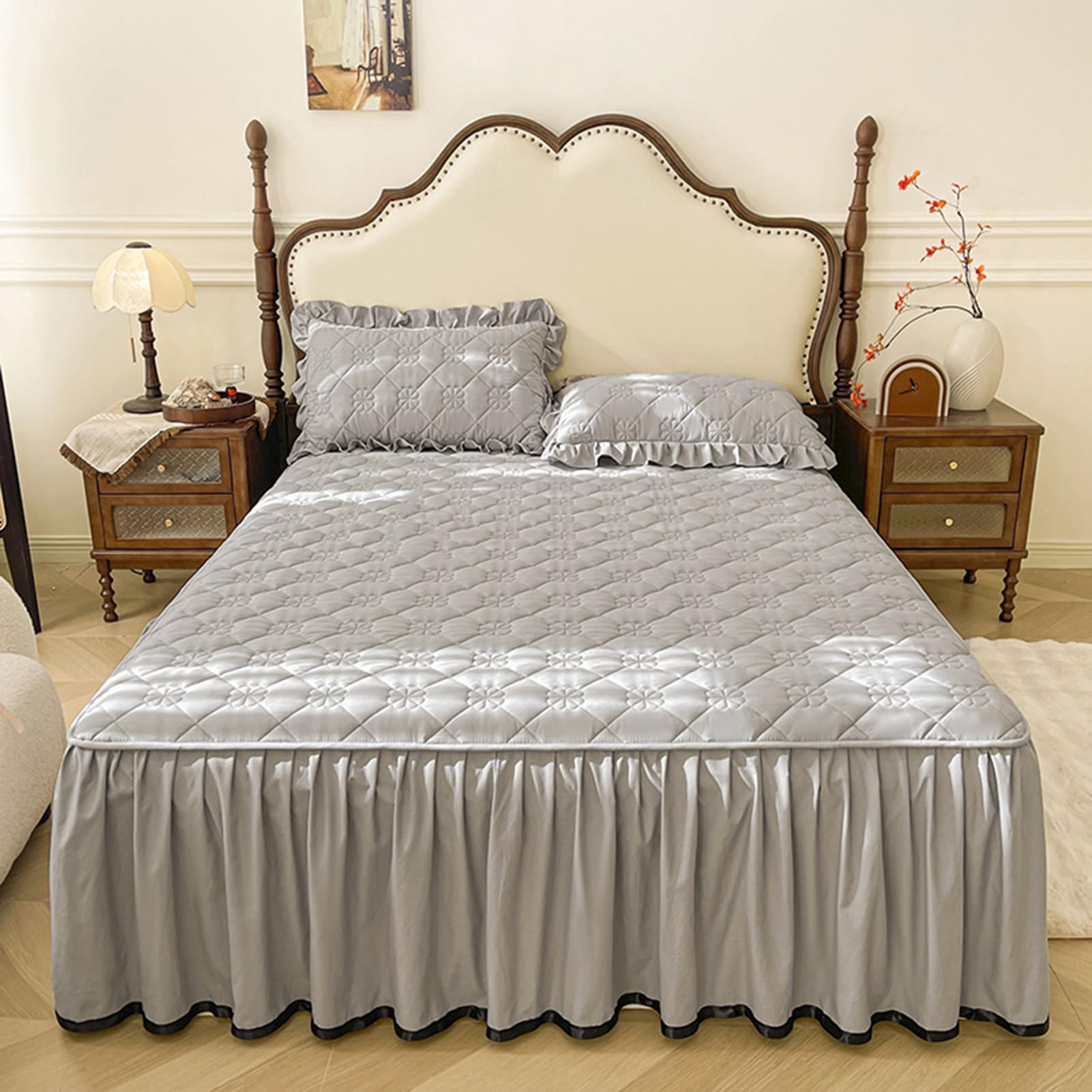 Mantovana giroletto con volant, in cotone trapuntato, per letti singoli, matrimoniali, king e super king, con mantovana con angoli, 150 x 200 cm, grigio chiaro