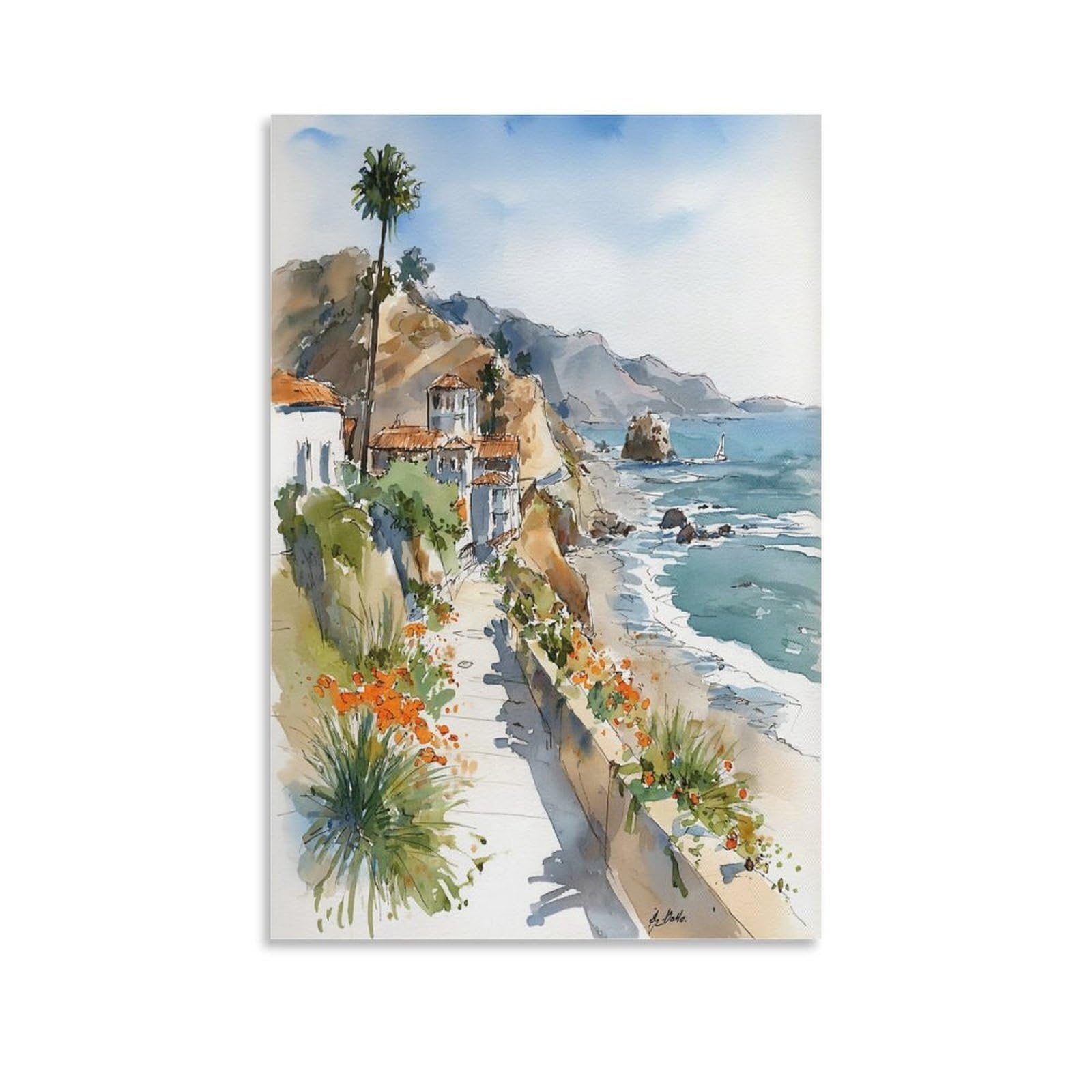 XWYMXZ La Jolla Coast Watercolor Painting San Diego Poster Tree 24x36inch(60x90cm) Vintage Watercolor Canvas Art