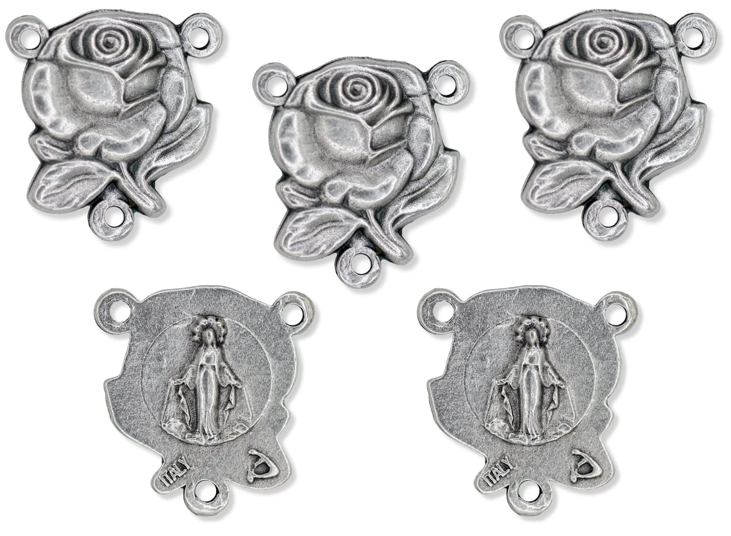 Caritas et Fides Pack of 5 - Our Lady of Grace Rose Center Pieces, Silver Oxidized Small 5/8" Rosary Centerpiece - Made in Italy