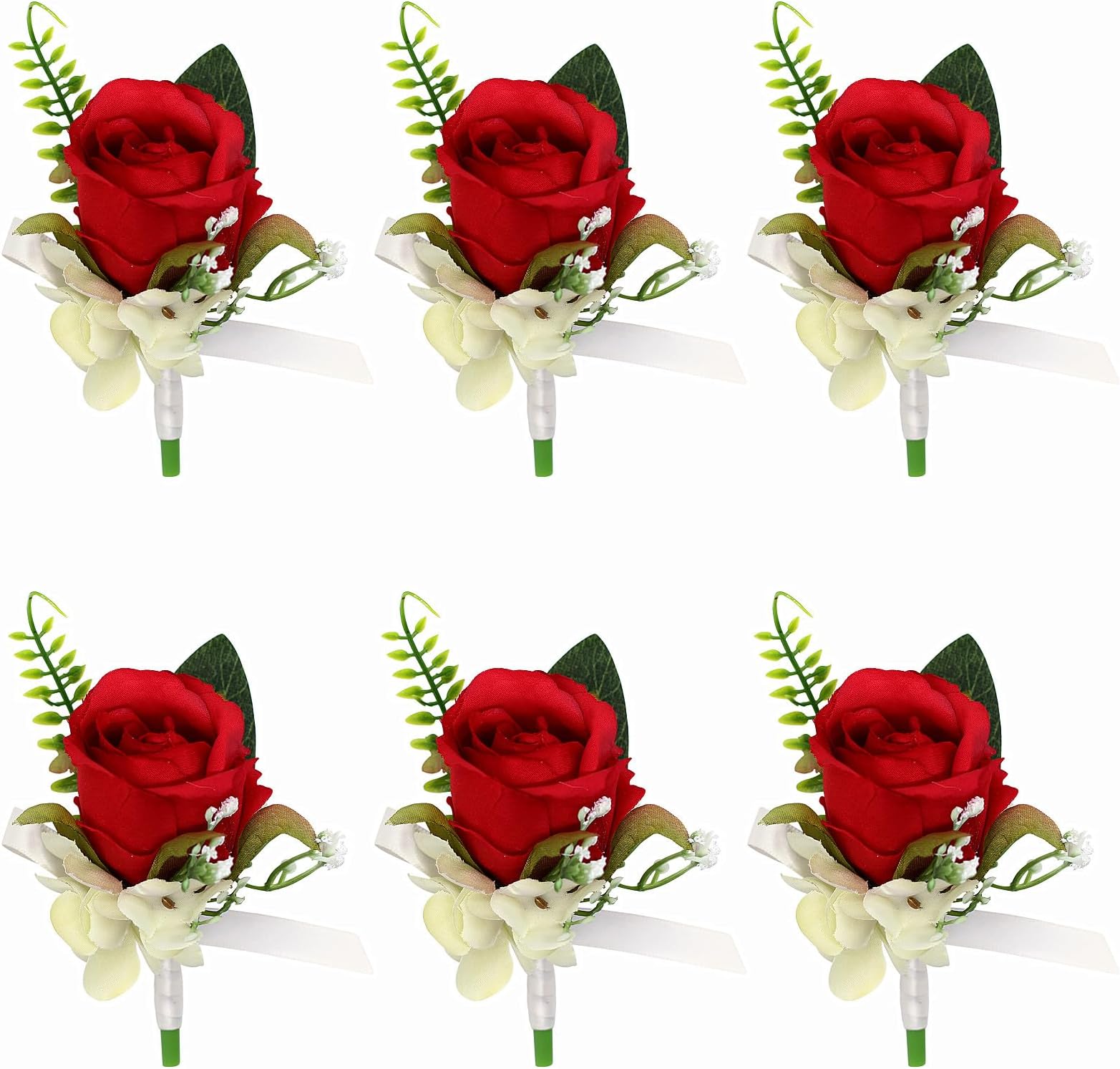 Set of 6 Red Rose Boutonniere for Men Wedding, Groom and Best Man Boutonnieres with Artificial Flower for Wedding Prom Party (Red)