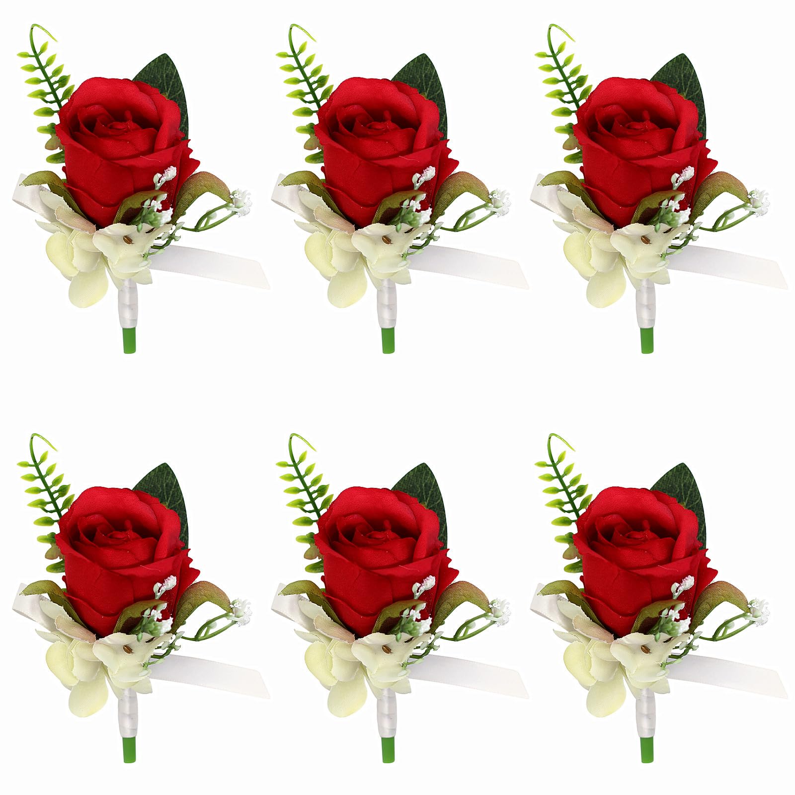 YOKOKE Set of 6 Red Rose Boutonniere for Men Wedding, Groom and Best Man Boutonnieres with Artificial Flower for Wedding Prom Party (Red)