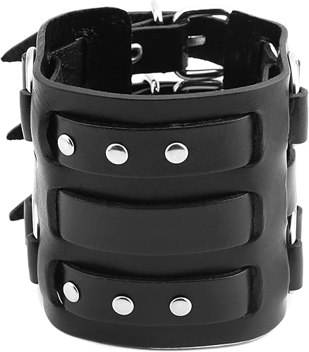 Miniatura 2 de HZMAN Anillo de aleación para hombre pulsera de cuero auténtico brazalete de tono plateado ajustable Cuero