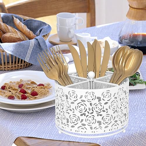 Miniatura 4 de Organizador de cubiertos de metal giratorio de 360, 4 compartimentos, soporte para cubiertos, tenedor, cuchara, servilleta, organizador de
