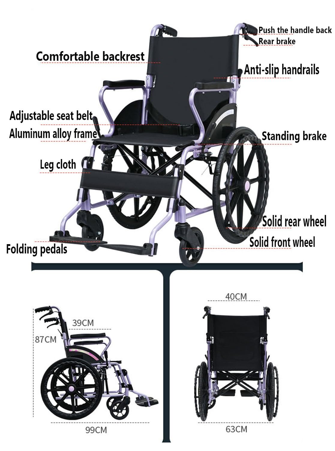 Silla De Ruedas De Transporte Ligera, Plegable, Autopropulsada, Silla De Viaje Portátil Fabricada En Acero Al Carbono, Silla De Ruedas De Transporte con Cinturón De Seguridad Y Reposapiés