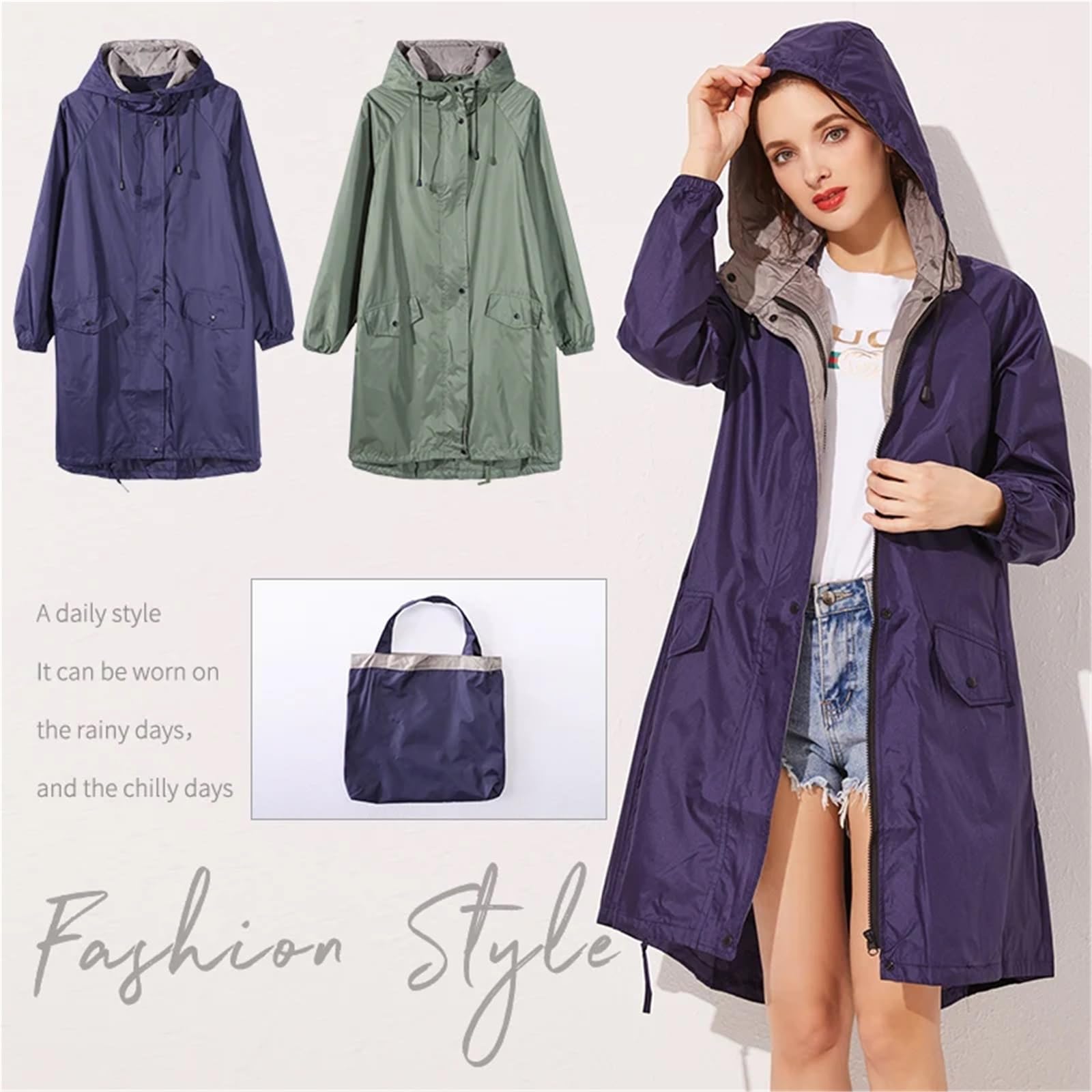 Poncho Lluvia Chaqueta impermeable larga y elegante for mujer con capucha cordón for senderismo viajes