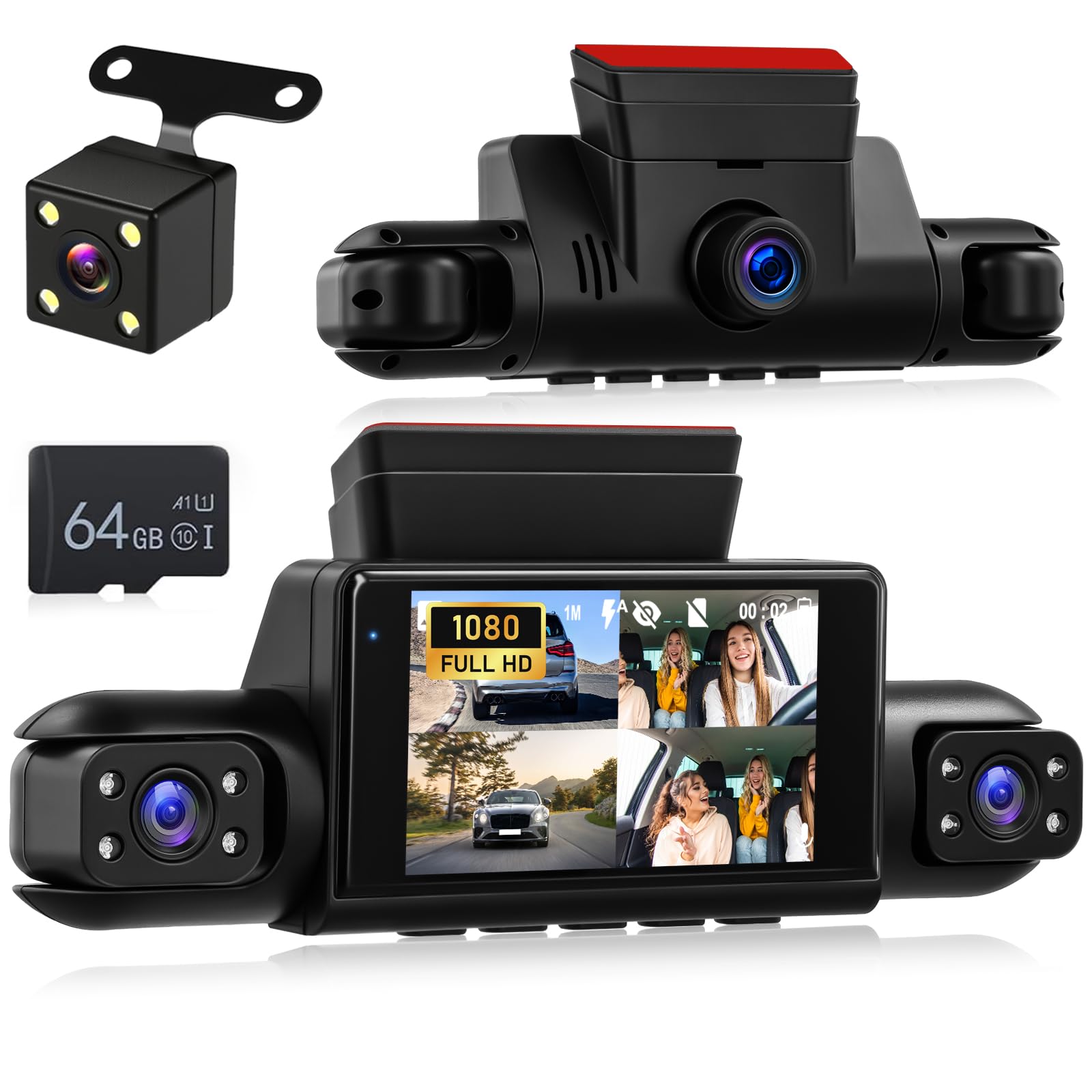 NHOPEEW Dash Cam a 4 canali anteriore e posteriore - Telecamera per auto a 360 gradi con display da 3 pollici, visione notturna IR, registrazione in loop, rilevamento del movimento + scheda TF da 64G