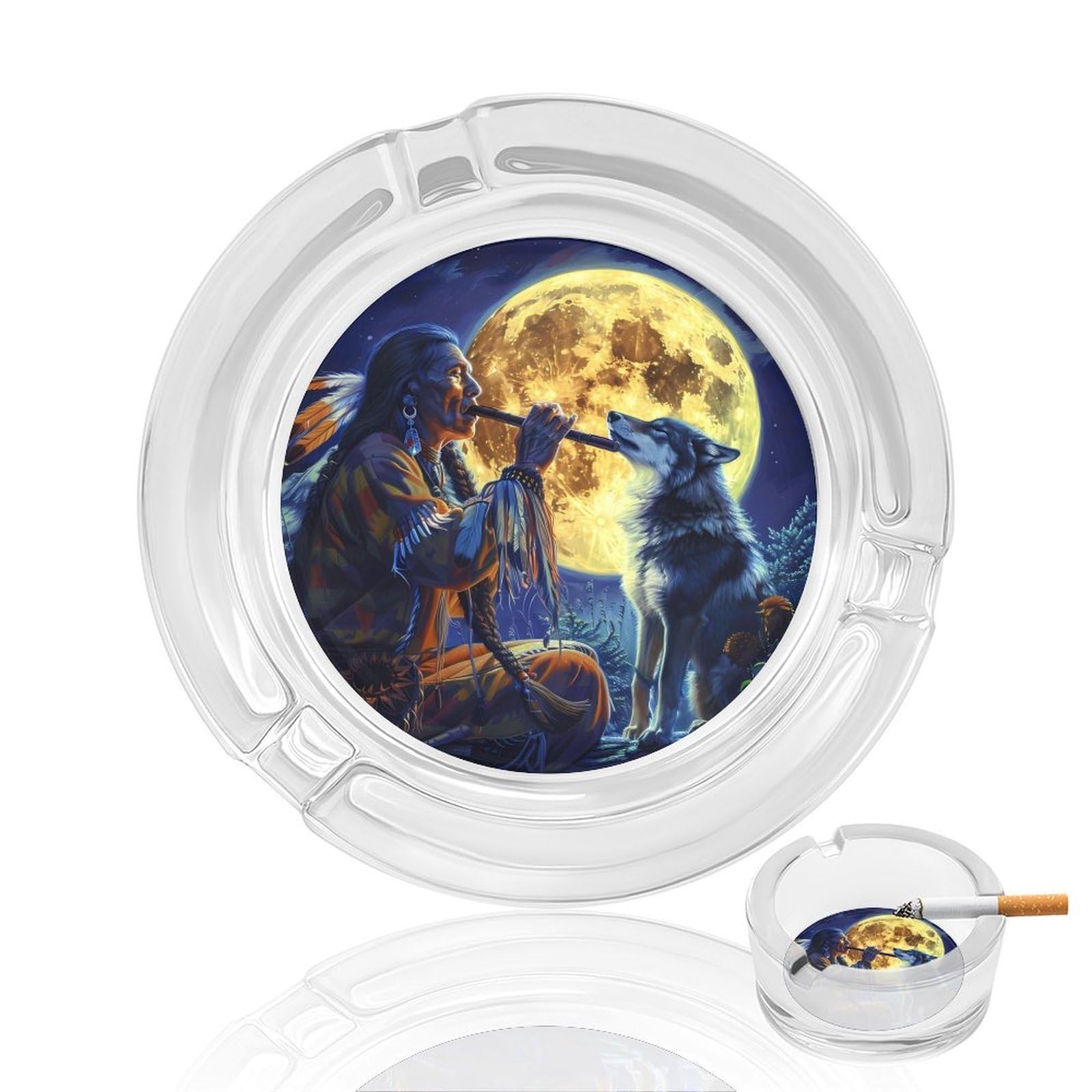 Nclqvjxzkhw Style Tribal Wolf Song Native Am-Ericans Glass Ashtray Round Ash Tray Smoking Trays For Home Garden Outdoor