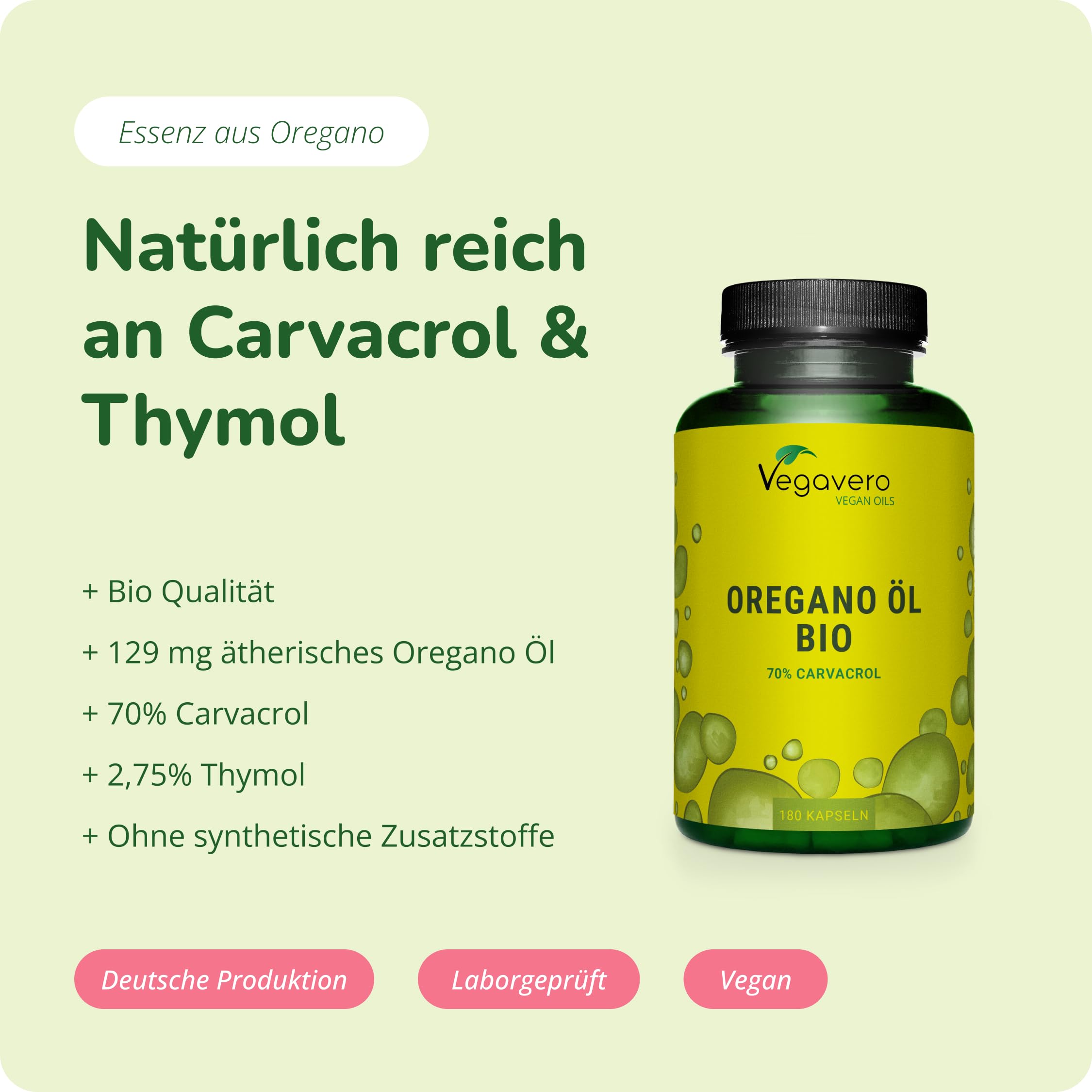 Vegavero Oregano Öl Kapseln Bio 180 Stück - 129 mg Oreganoöl mit 70% Carvacrol & 2,75% Thymol - vegane Kapseln ohne Zusatzstoffe
