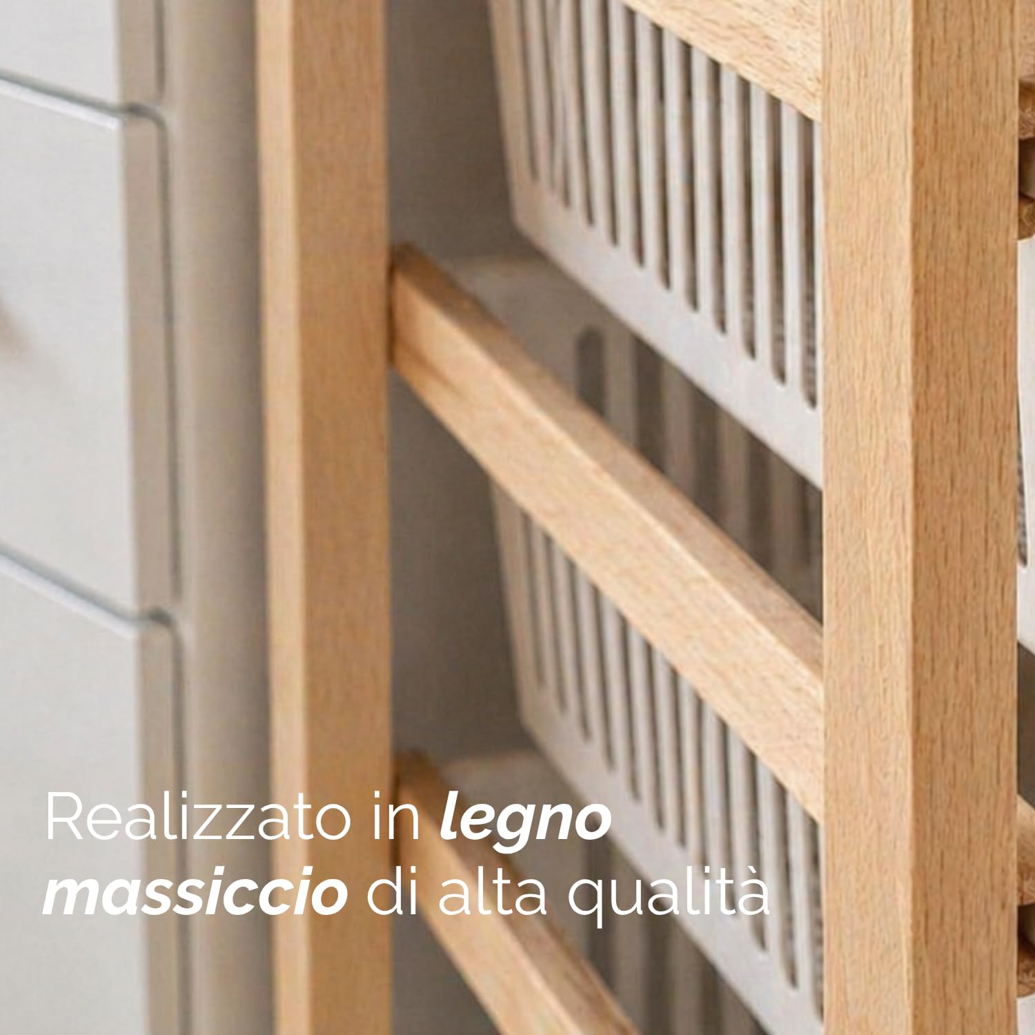 Paluplus Carrello porta verdure a 5 ripiani in Legno Naturale, misura 45x30x85 cm, 5 Cestelli in Plastica con Vassoio Portaoggetti e 4 Ruote girevoli, Scaffale da cucina per frutta e verdura -6015F -4