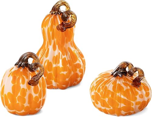 Miniatura 9 de Glitzhome Calabaza de vidrio soplado a mano con diseño de líneas, juego de 3 decoraciones de mesa de Acción de Gracias, calabaza de vidrio