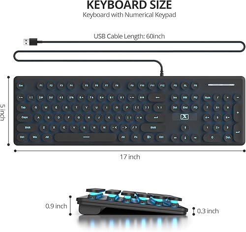 Miniatura 7 de Teclado de máquina de escribir retro con cable, teclado silencioso de computadora iluminado con 104 teclas redondas de tamaño completo,