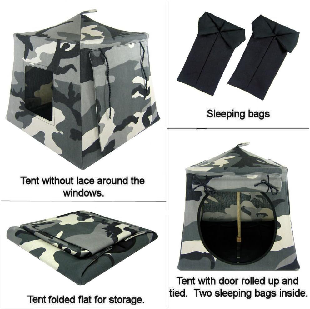 Toy Play Pop Up Tent, 2 Sleeping Bags, Black and Gray Camo Print for Dolls, Stuffed Animals, Action Figures