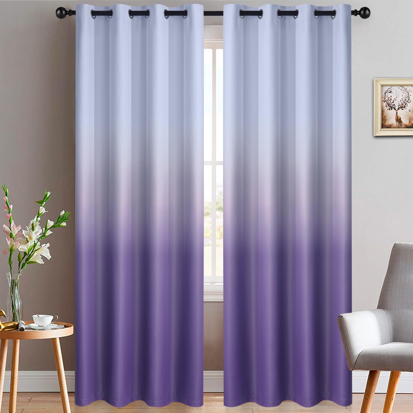 Yakamok 96 Inch Long Ombre Curtains,Thermal Insulated Greyish White to Lavender Purple Color Curtains,Room Darkening Grommet Window Drapes for Living Room/Bedroom(2 Panels,52W x 96L) โ image 1