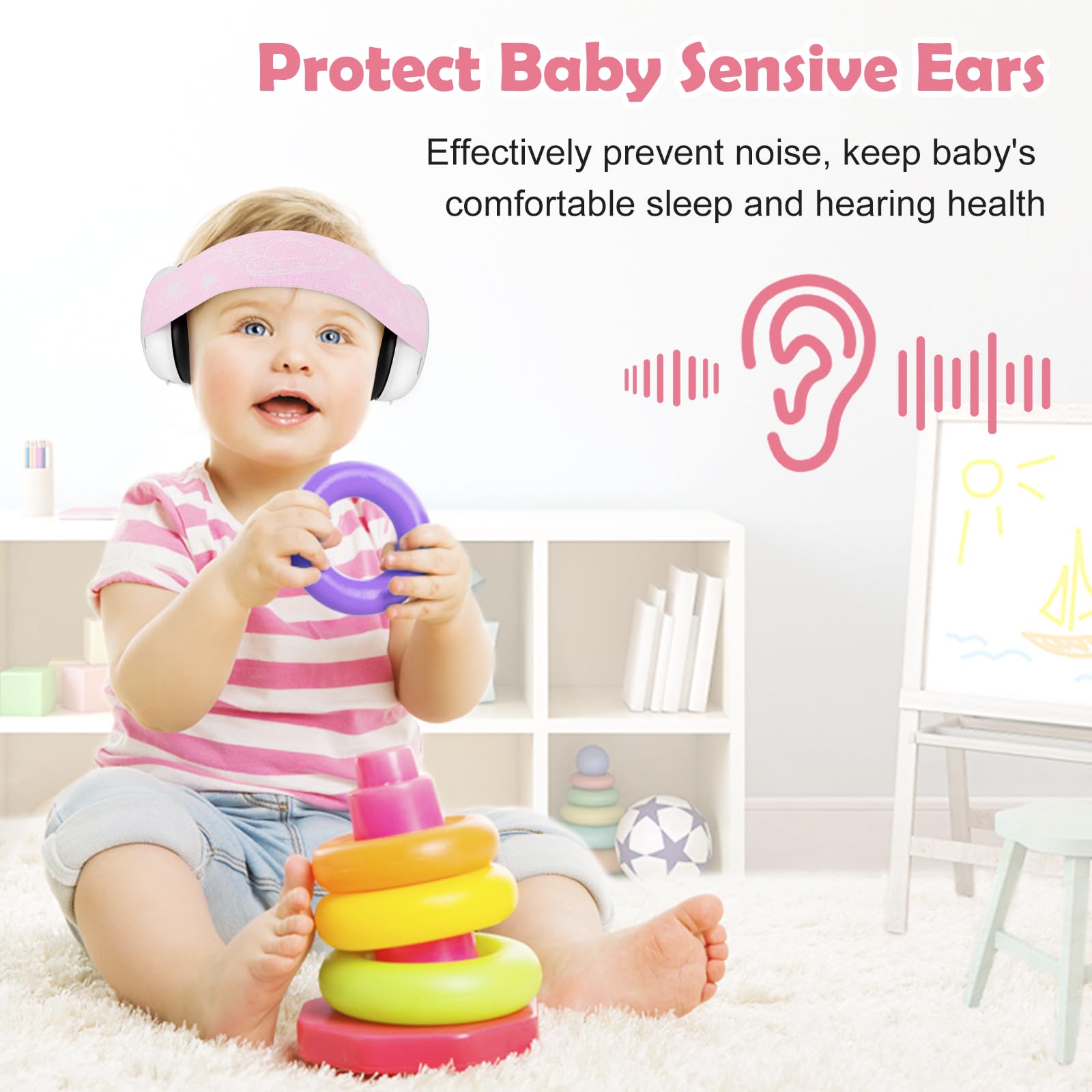 Baby Ear Defenders e protezioni, protezioni per le orecchie dei bambini con morbido cuscino regolabile paraorecchie a cancellazione di rumore per bambini compresa tra 3 mesi e 2 anni 25dB, rosa