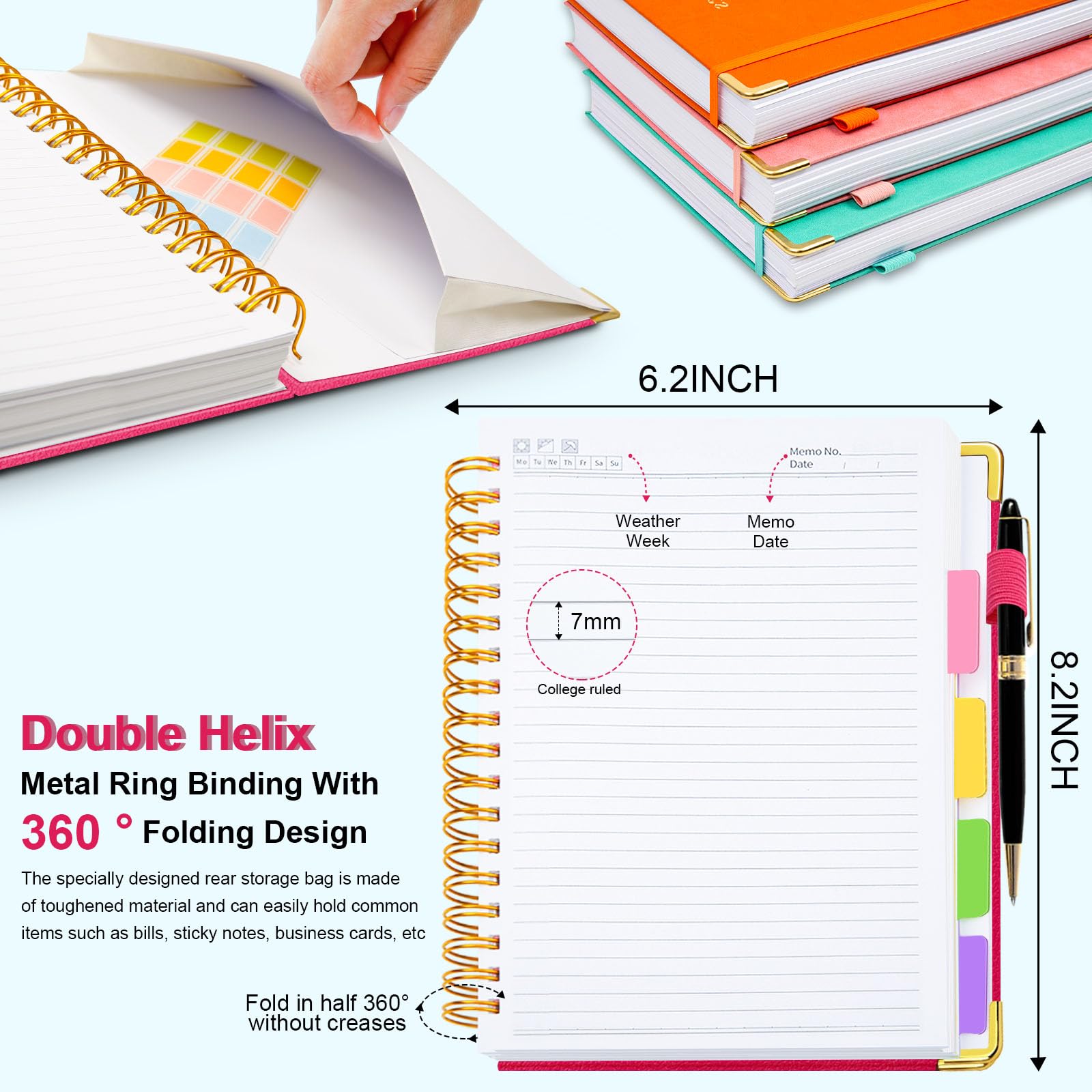 Cuaderno en espiral de tapa dura de 6.2 x 8.2 pulgadas, con pestañas y separadores extraíbles, 300 páginas, cuaderno de 5 asignaturas, cuaderno de rayas universitarias, cuaderno de piel sintética con