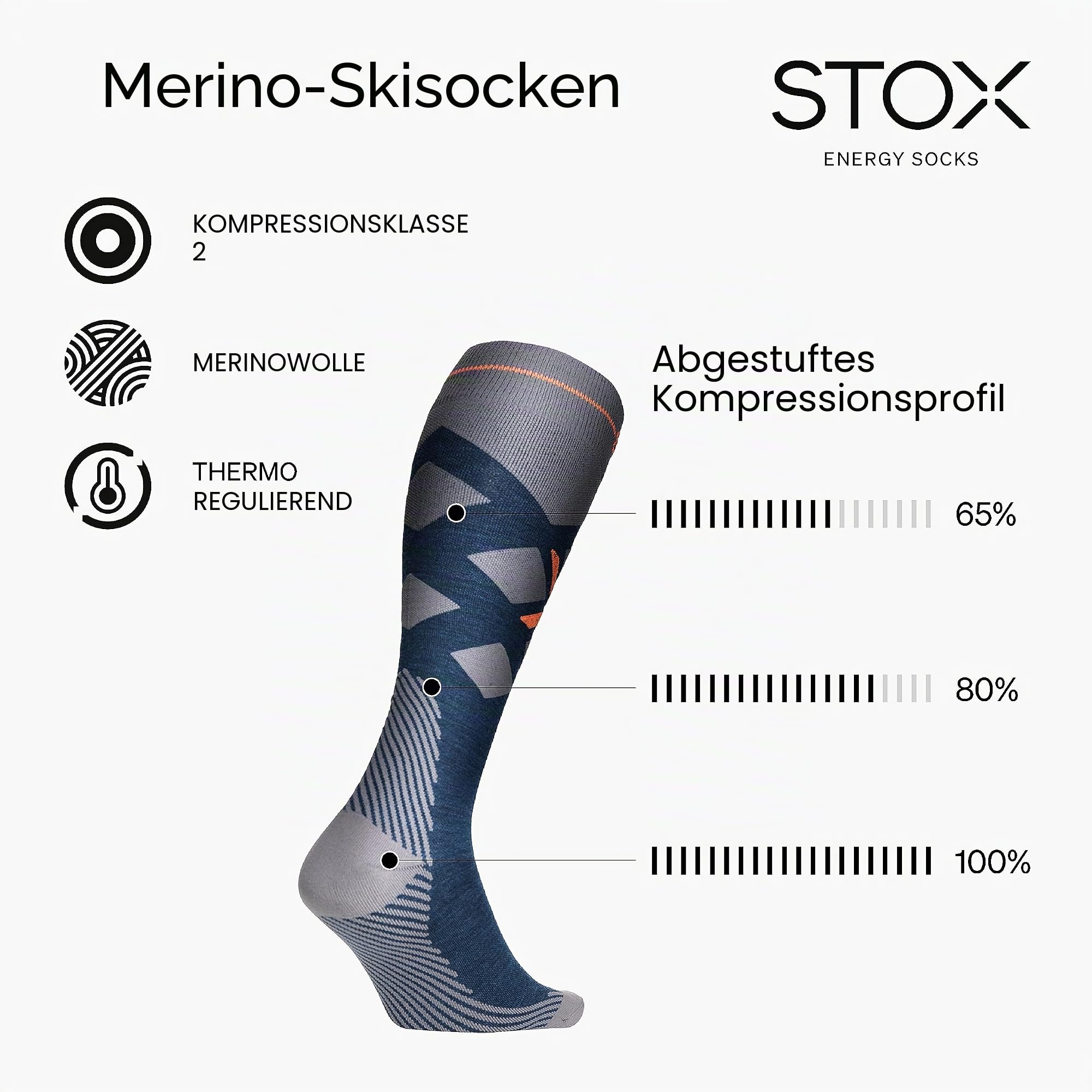 STOX Energy Socks Skisocken Herren, Merino Kompressionsstrümpfe | Ski und Snowboard Thermosocken, Klasse 2 Compression Socks Men, Thermo Socken, Kompressionssocken, Anti-Blasen, Nahtlos