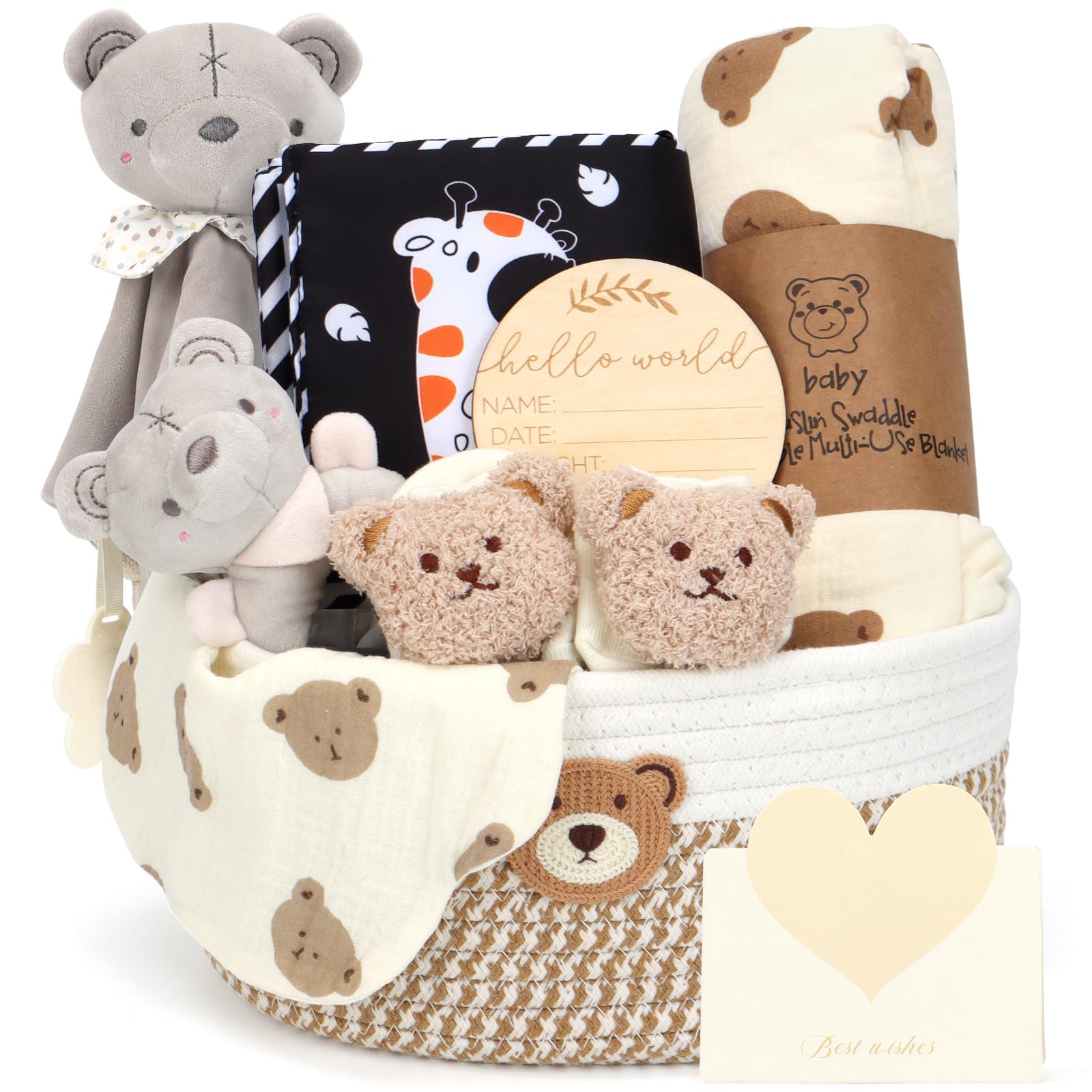 Baby-Geschenkkorb, Geschenkkorb für Neugeborene, Set mit Windel-Caddy sensorisches Buch, Babydecke, Wickelsocken, Rassel, Lätzchen, Meilensteinkarten, Babyparty-Geschenkbox für Jungen, Mädchen, Unisex