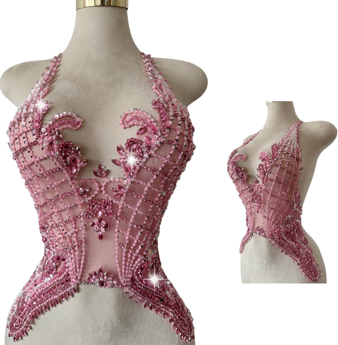 Handmade Rhinestones Beads Lace Bodice Applique Sewing Sequins Crystal Trim Patches Accessory for Dress Clothes 23X16X7inches (Pink)