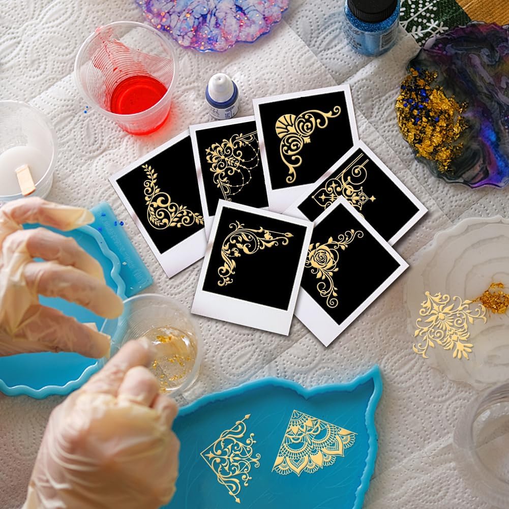OLYCRAFT 18Pcs Golden Metal Stickers 1.6x1.6 Inch Retro Corners Gold Sticker Edge Tiles Themed Self Adhesive Stickers Tile Pattern Metal Crafts Sticker for DIY Scrapbooking DIY Crafts Resin Decoration
