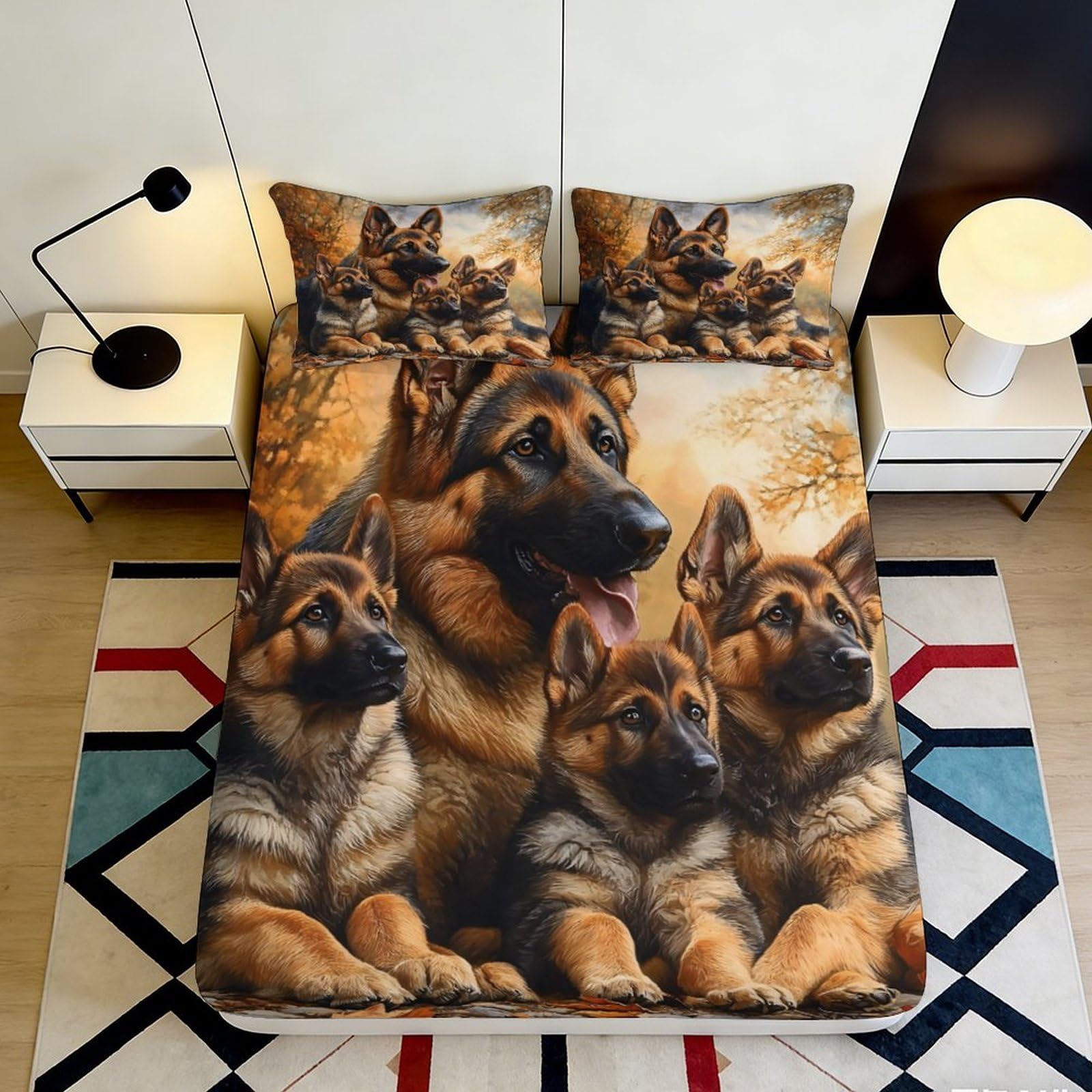 3D Printed German Shepherd Dog Pattern Fitted Sheet Microfiber Soft Mattress Cover Anti-Slip for Bedroom Guest Room Decor 200x200x25cm