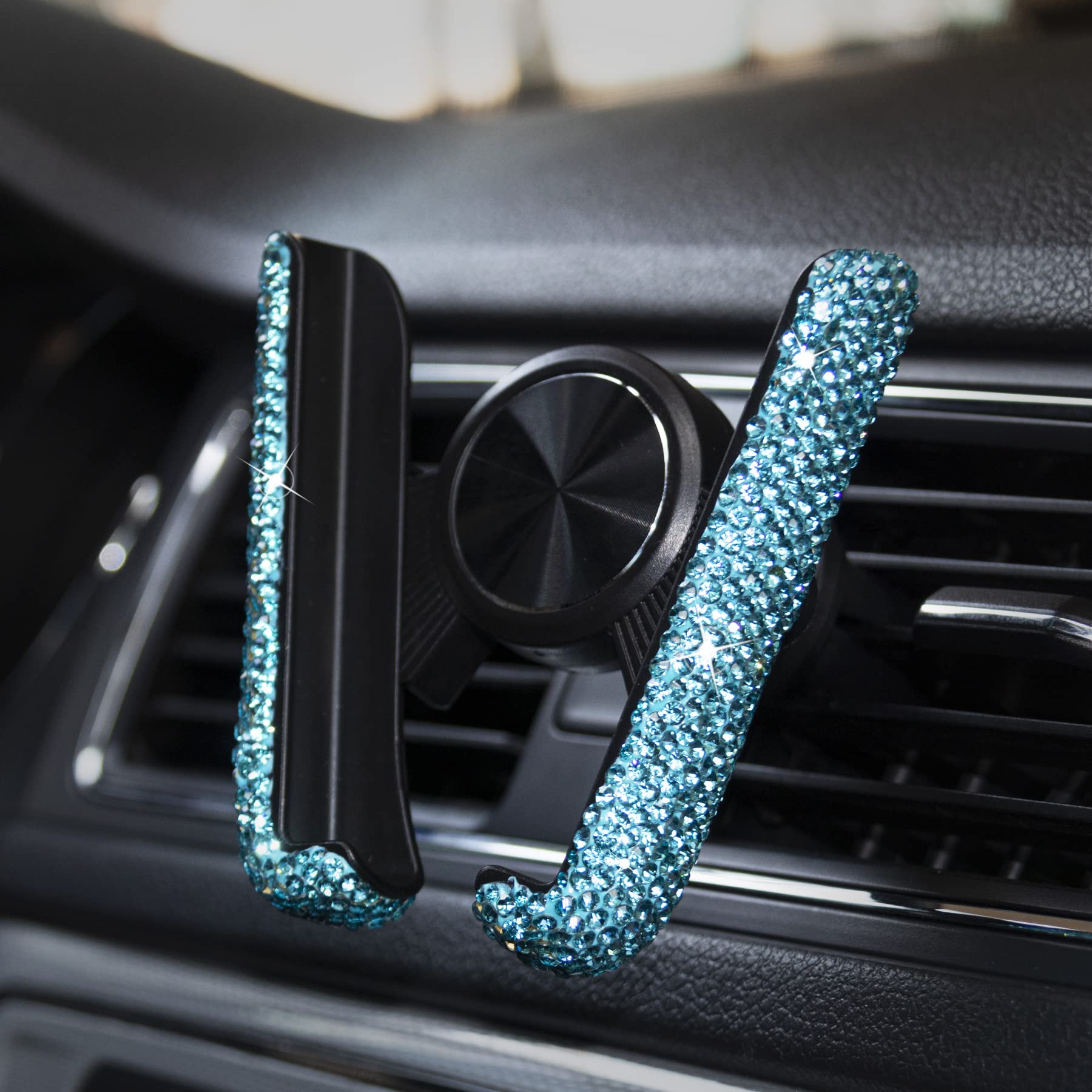 Amiss Bling Cell Phone Holder, Universal 360°Adjustable Car Phone Mount with One More Air Vent Base, Crystal Car Interior Decoration, for Dashboard and Air Vent - Pale Blue
