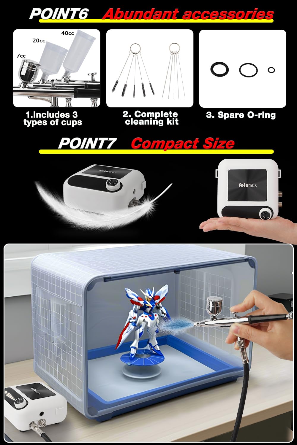 Kit de aerógrafo con compresor, puede conectar dos aerógrafos, 41PSI, encendido y apagado automático, 5 niveles ajustables, doble acción, boquilla de 0.3 mm, compacto, juego de compresor de aerógrafo
