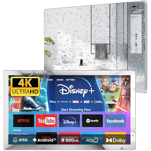 Haocrown 32" 4K Ultra HD Smart Bathroom Mirror TV, IP66 Waterproof, Android 13 System with Voice Remote for Google Assistant ATSC Tuner, 500 cd/㎡ High Brightness (Black Frame, 2025 Model)